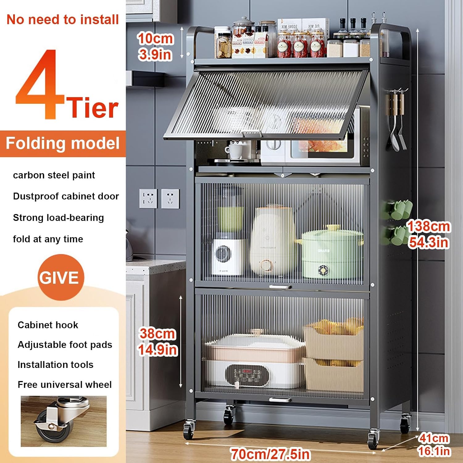 Microwave Stand with Wheels, Foldable Metal Kitchen Rack, Dust-Proof Cabinet Storage, Free Standing Baker's Rack for Microwave Ovens, Perfect for Garage & Home Use,Black,3,Tier