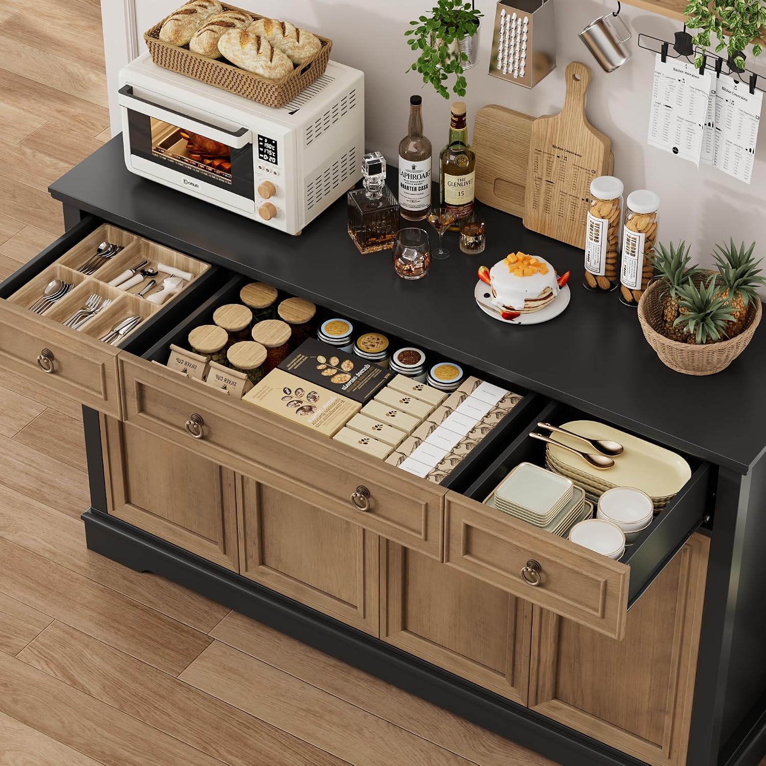 FINETONES Buffet Cabinet with Storage, 52.7' Large Sideboard Buffet Table, Kitchen Cabinet with 3 Drawers and 4 Doors, Wood Coffee Bar for Kitchen Dining Room, Black/Brown