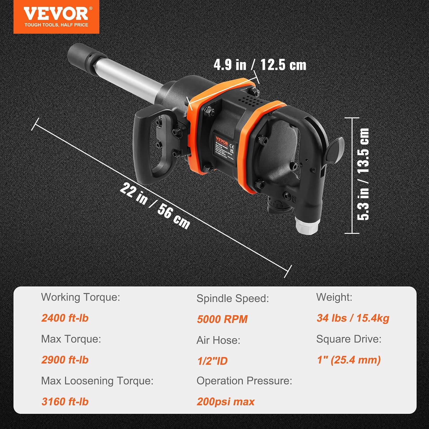 VEVOR 1 Inch Air Impact Wrench, Up to 3160 ft-lbs High Reverse Torque Output 1' Pneumatic Impact Gun w/ 8 Inch Extended Anvil & Carrying Case for Heavy Duty Repairs and Maintenance