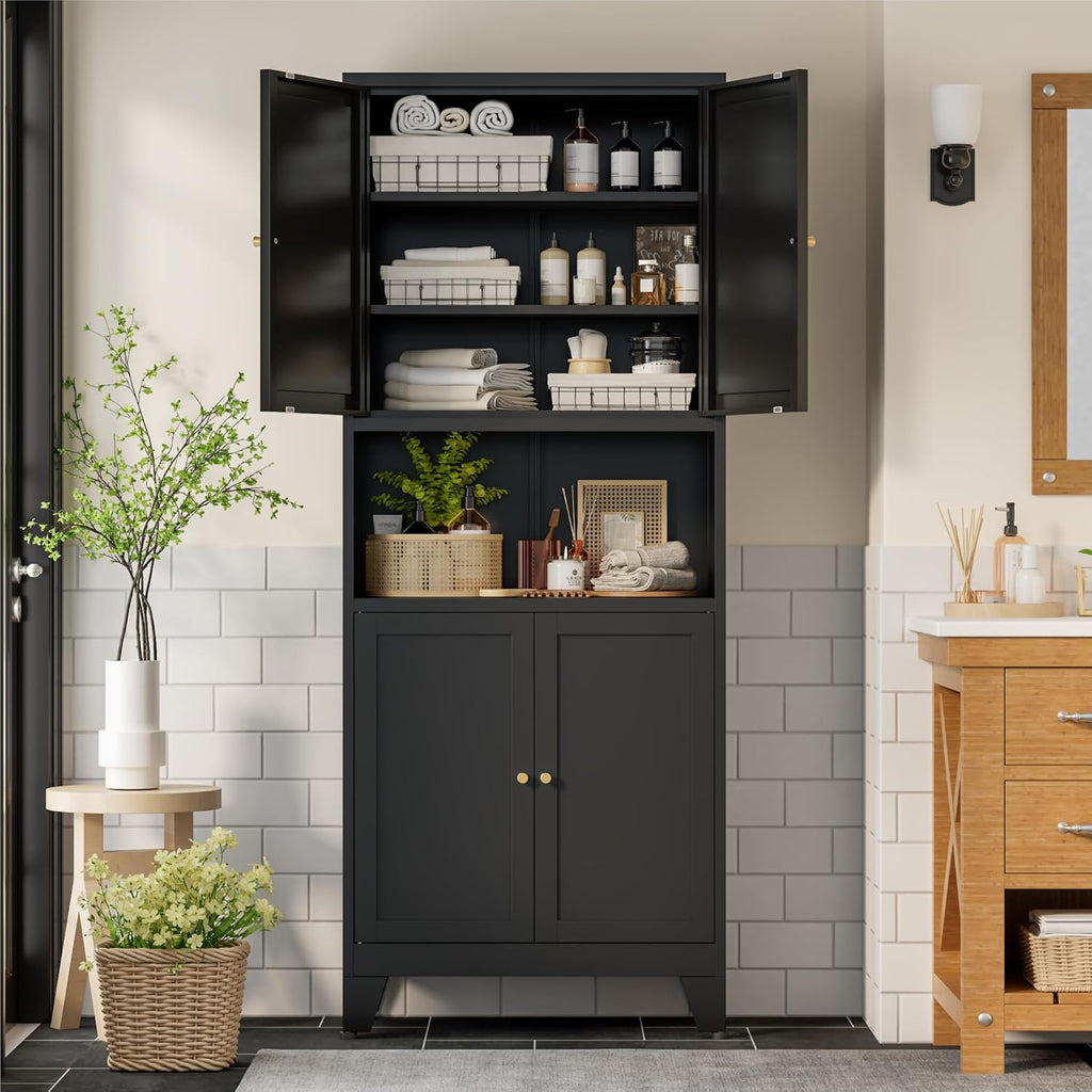 Bevivog Tall Pantry Cabinet with Microwave Shelf, 69' Metal Storage Cabinet with 4 Doors and Adjustable Shelves,Freestanding Metal Kitchen Hutch Cabinet, Black Pantry Closet Storage Shelves with Doors