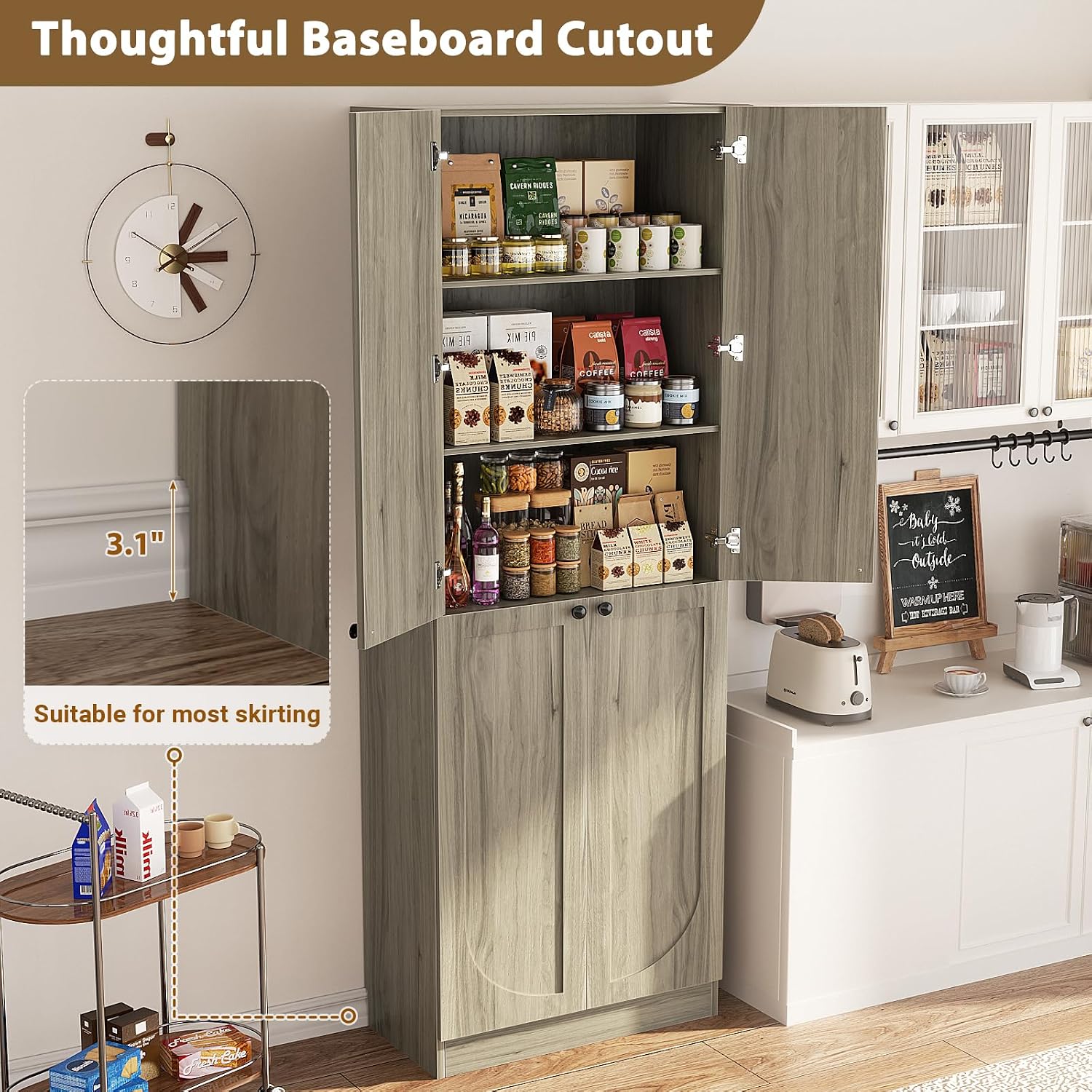 Cyclysio 80' Kitchen Pantry, Extra Tall Arch Storage Cabinet with 4 Soft Close Doors and Adjustable Shelves, Freestanding Wood Cupboard with Seamless Fit Wall for Dining Living Room Bathroom Furniture