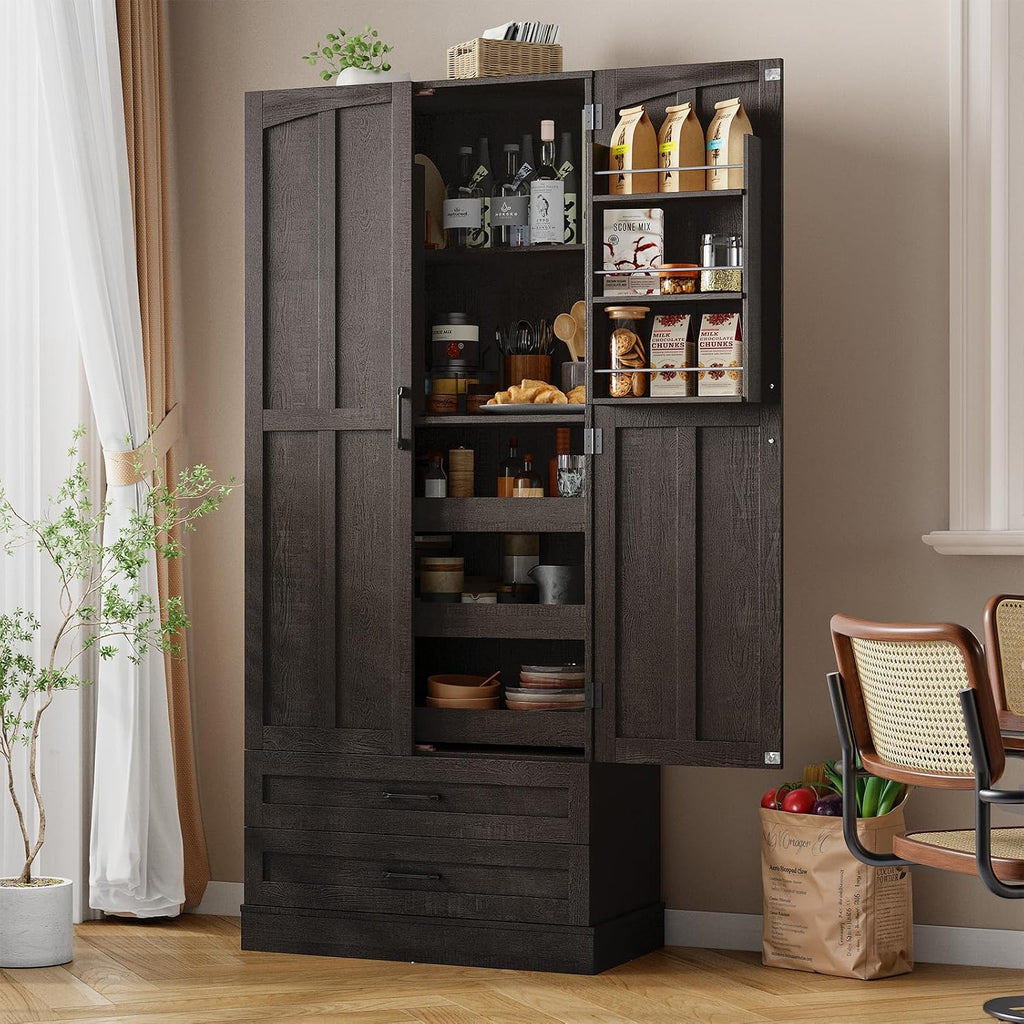 ONBRILL 71' Tall Farmhouse Kitchen Pantry Cabinet with 3 Pull Out Shelves & 2 Large Drawers, Pantry Storage Cabinet with 6 Door Shelf & Adjustable Shelf, Freestanding Cupboard for Kitchen, Dining Room