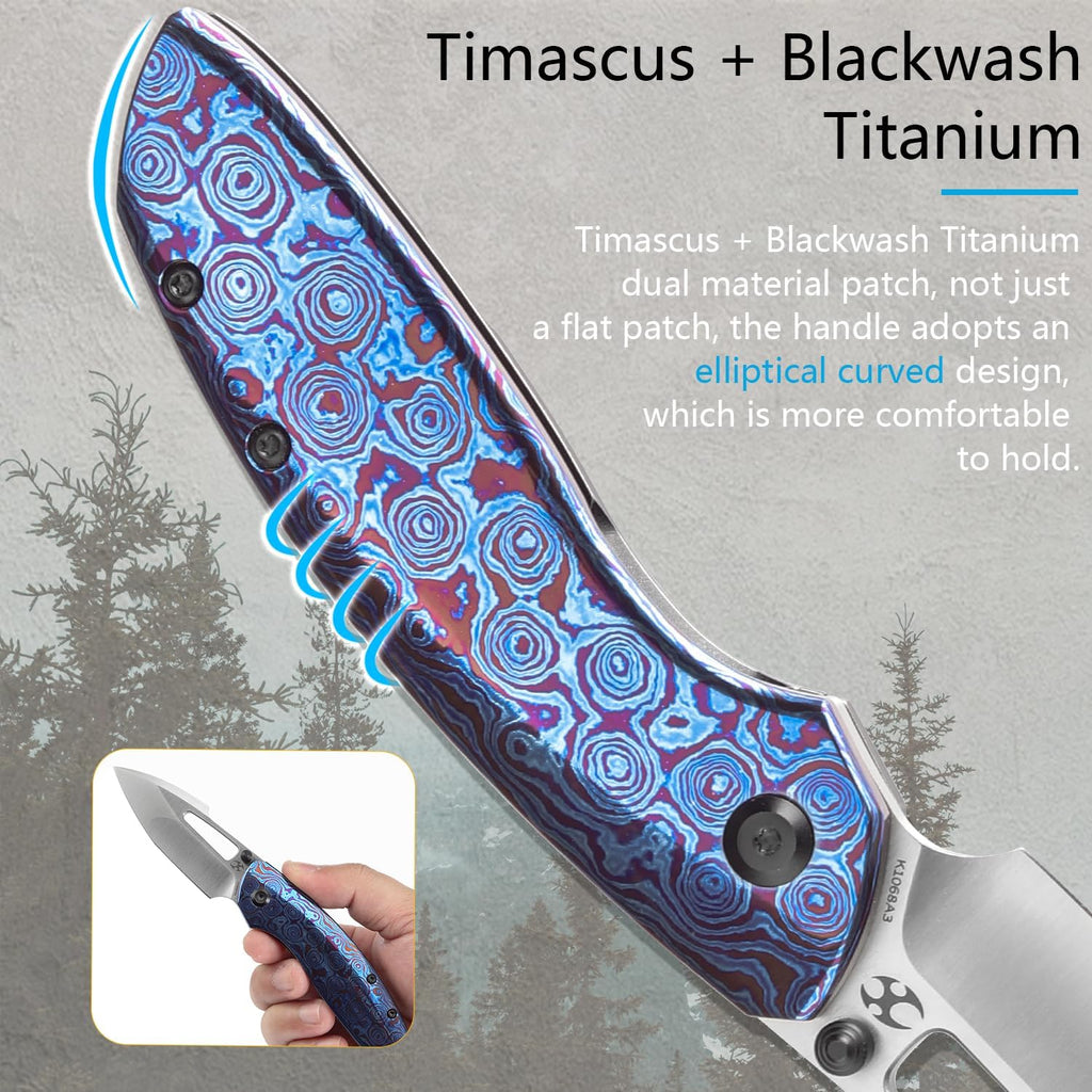 KANSEPT Link Pocket Folding Knives for Men EDC Camping Hiking Folding Knife for Men Women 3'' Satin CPM 20CV Blade Material Pocke Knife with Timascus + Blackwash Titanium Handle Everyday Carry K1068A3