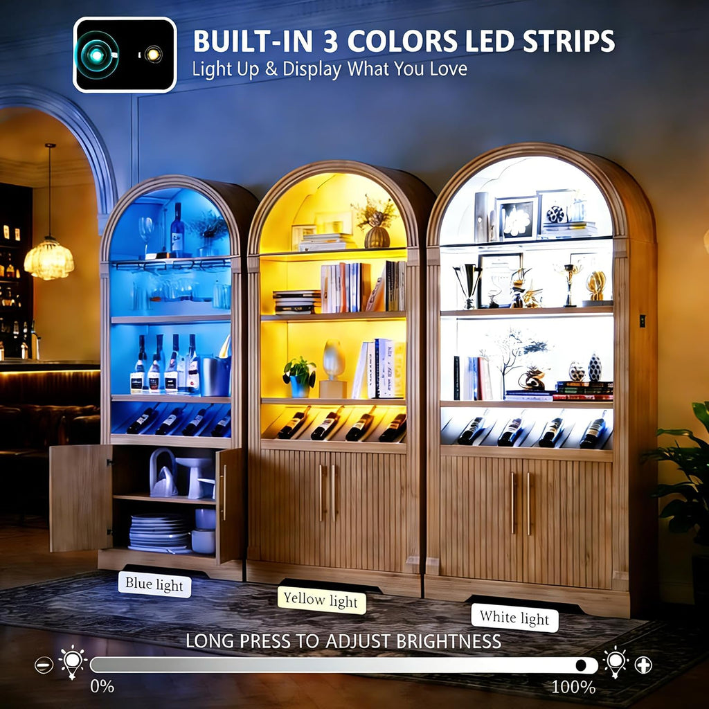 Vlsrka Arched Cabinet, Kitchen Pantry Cabinets with Open & Adjustable Shelves, Induction 3 Color Lights (Brown A)