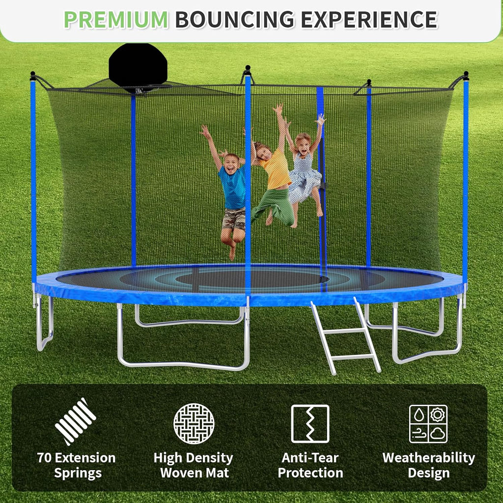 Skepphlay 16ft 14ft 12ft Trampoline Outdoor for Kids and Adults, ASTM Approved Recreational Trampoline, Round Trampoline with Basketball Hoop & Enclosure Net for Backyard