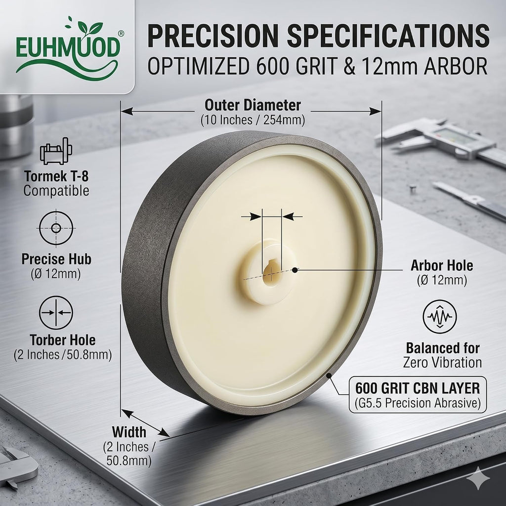 CBN Grinding Wheel, 10 Inch 600 Grit with 12mm Arbor, Ftis for Tormek T-7 T-4 T-3 Sharpening System & 10' Bench Grinder for Sharpening Knives, Lathe Tools, Chisels, High Speed Steel Tools