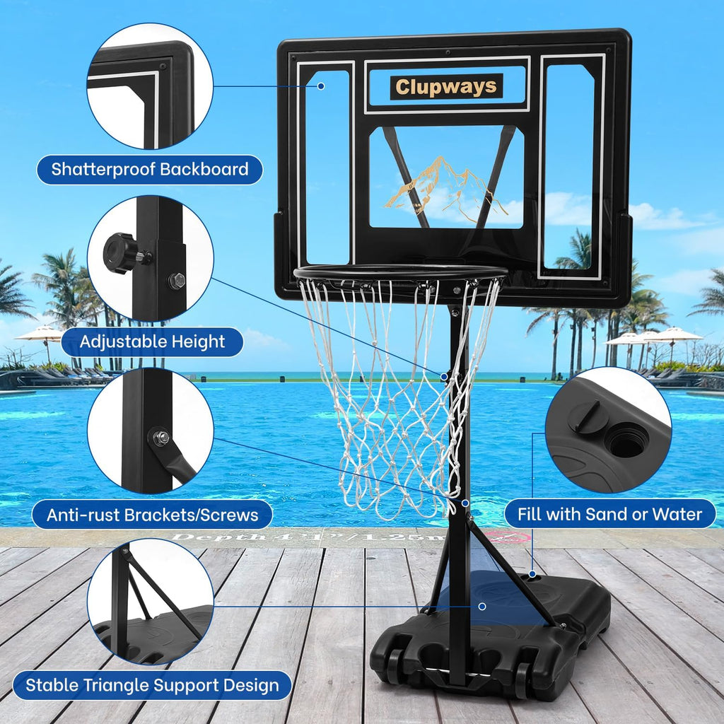 Pool Basketball Hoop Poolside Height Adjustable Portable Basketball Hoop for Pool with Shatterproof Backboard and Weather-Resistant Steel Screws/Brackets, Includes Ball and Air Pump