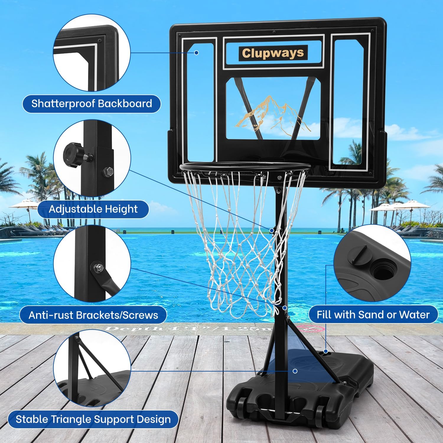 Pool Basketball Hoop Poolside Height Adjustable Portable Basketball Hoop for Pool with Shatterproof Backboard and Weather-Resistant Steel Screws/Brackets, Includes Ball and Air Pump