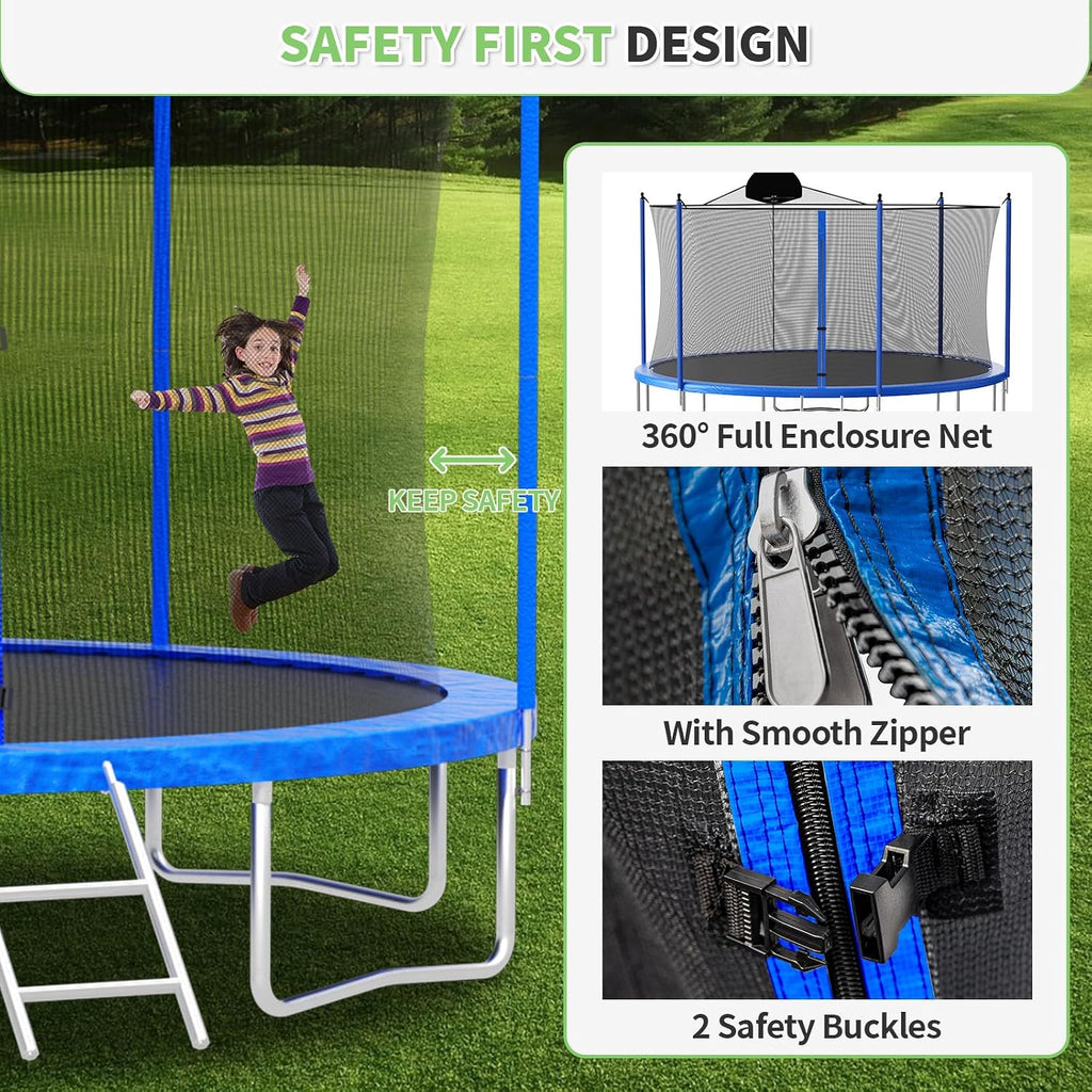 Skepphlay 16ft 14ft 12ft Trampoline Outdoor for Kids and Adults, ASTM Approved Recreational Trampoline, Round Trampoline with Basketball Hoop & Enclosure Net for Backyard