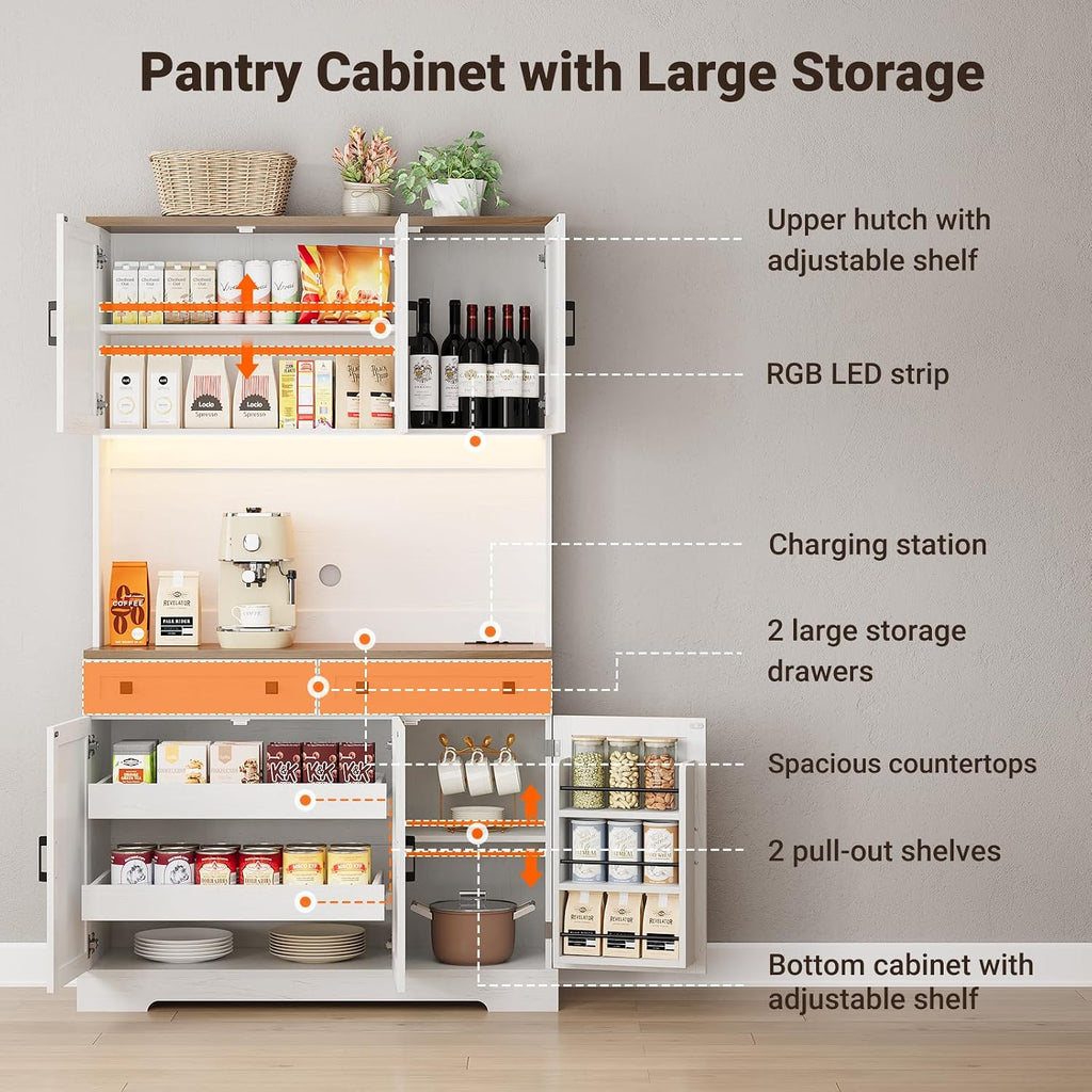 ELYKEN 71' Kitchen Pantry Cabinet with Charging Station & LED Lights, Tall Kitchen Storage Cabinet with Hutch, Farmhouse Pantry with Door Shelf & Pull Out Shelf for Dining Room Kitchen, White