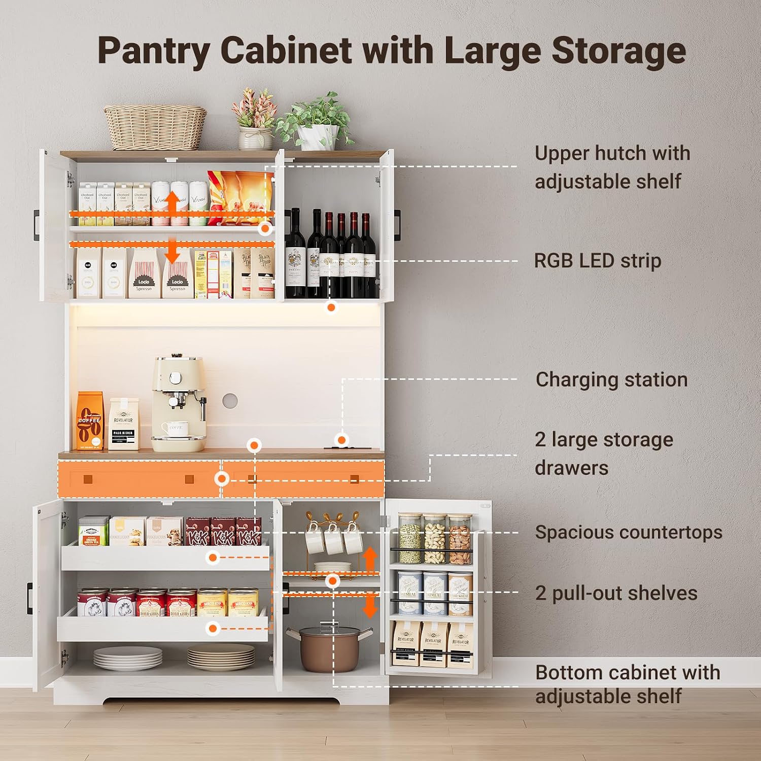ELYKEN 71' Kitchen Pantry Cabinet with Charging Station & LED Lights, Tall Kitchen Storage Cabinet with Hutch, Farmhouse Pantry with Door Shelf & Pull Out Shelf for Dining Room Kitchen, White
