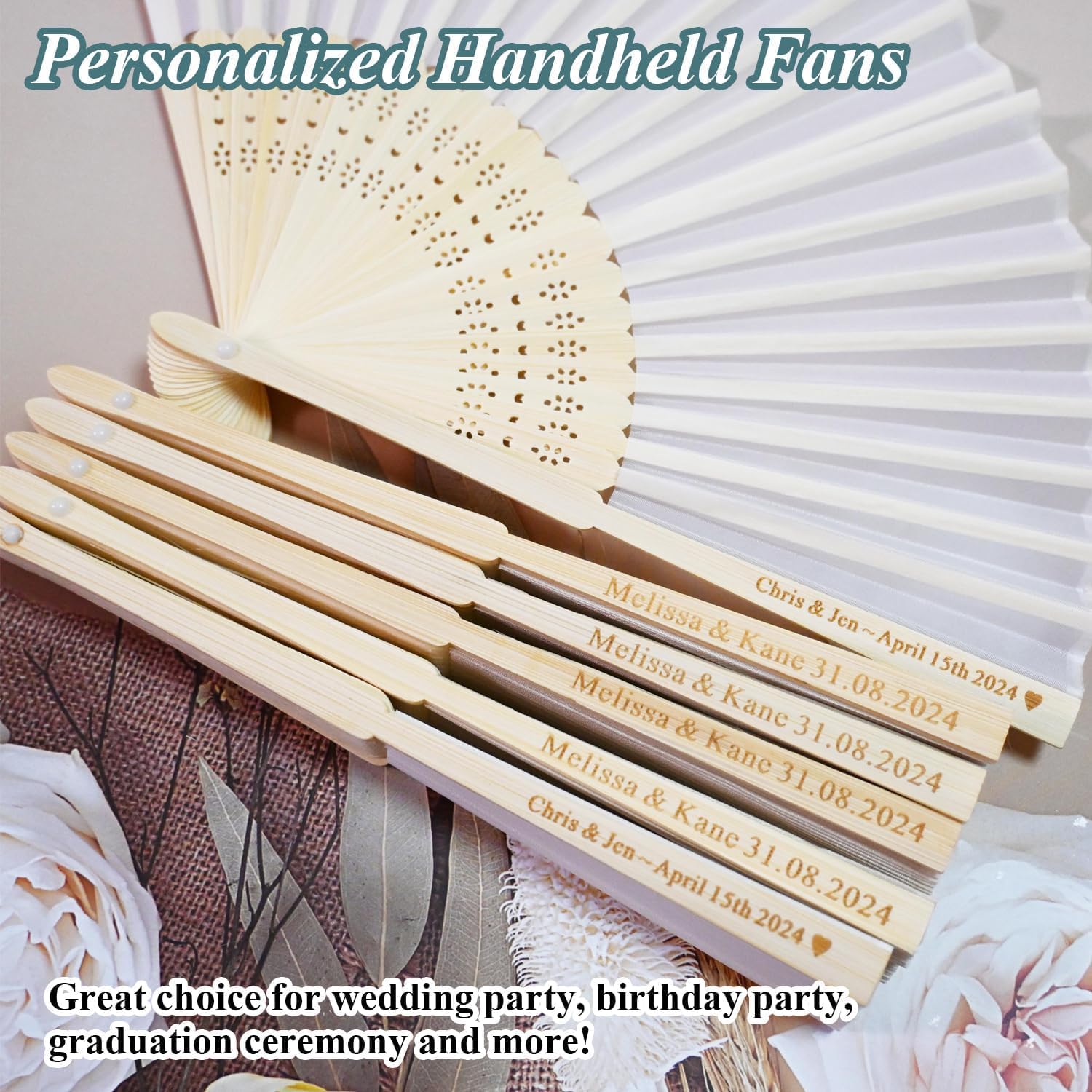 Personalized Engraved Silk Fans Folding Hand Fans with Organza Bags, 102Pcs White Summer Wedding Fans, Custom Imitated Silk-Bamboo Fans for Guests Wedding Party Favor Bridal Shower Gifts