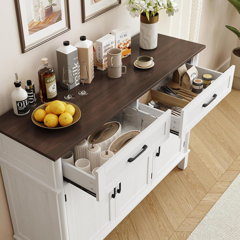ONBRILL 55 Inch Buffet Cabinet with Storage, Farmhouse Sideboard Buffet w/2 Drawers and 3 Doors, Wood Coffee Bar Cabinet with Adjustable Shelves, Sideboard Storage for Kitchen, Living Room, Off White