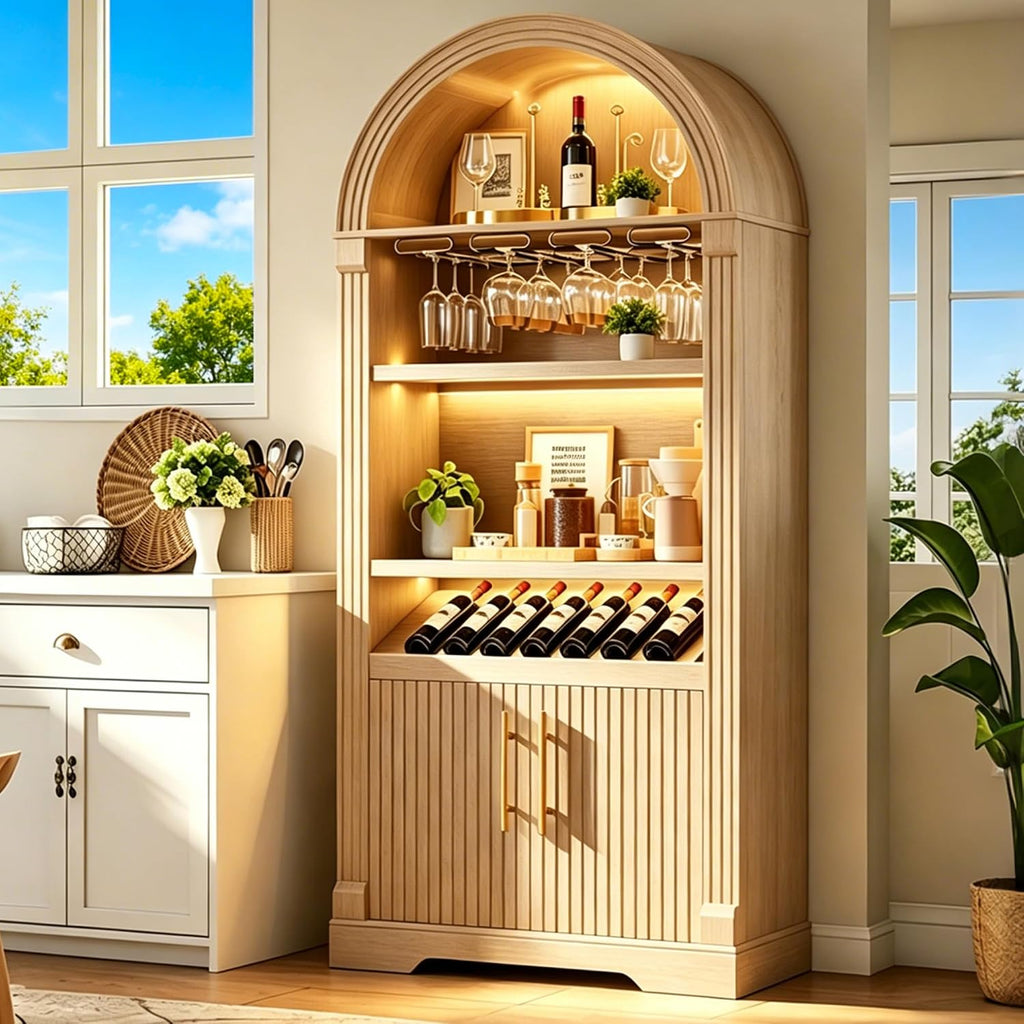 Vlsrka Arched Cabinet, Kitchen Pantry Cabinets with Open & Adjustable Shelves, Induction 3 Color Lights (Brown A)