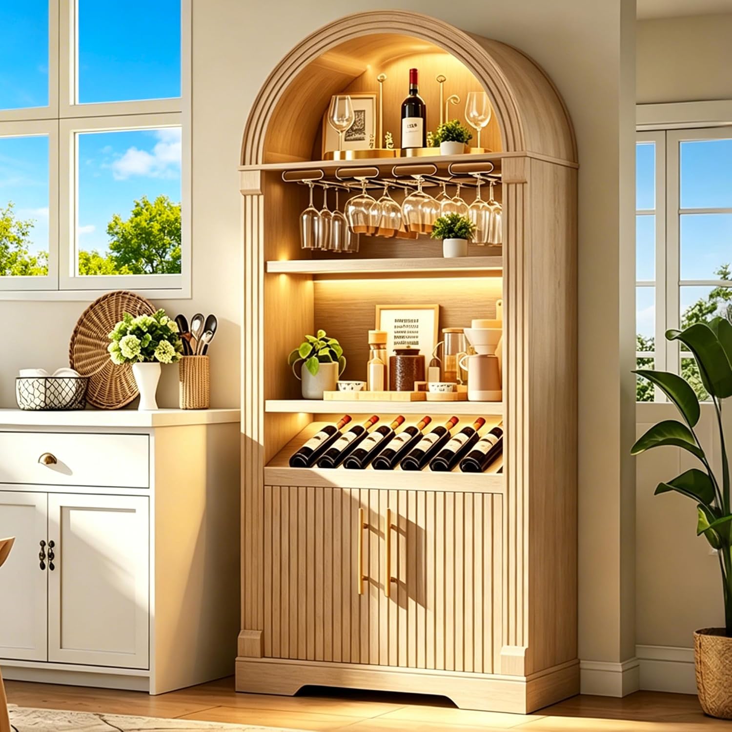 Vlsrka Arched Cabinet, Kitchen Pantry Cabinets with Open & Adjustable Shelves, Induction 3 Color Lights (Brown A)