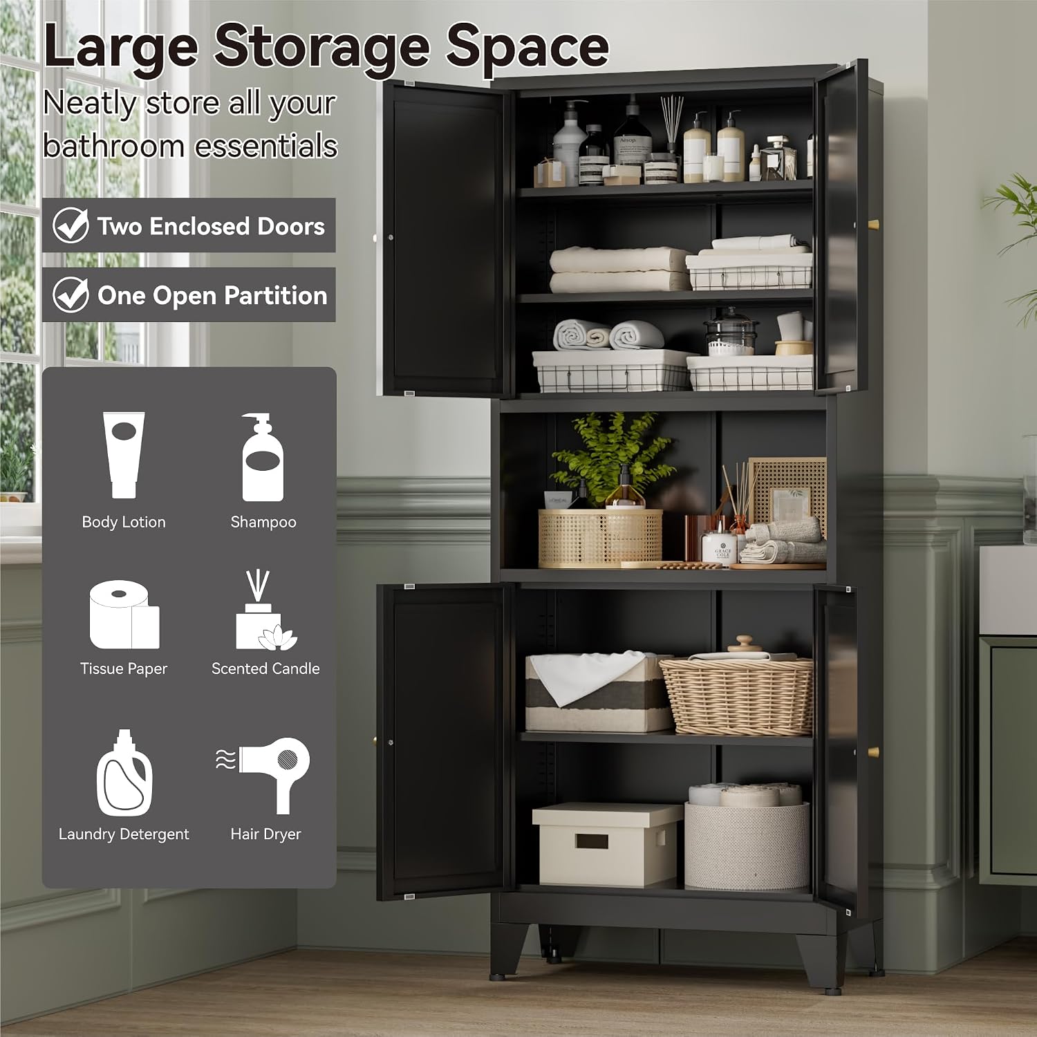 Bevivog Tall Pantry Cabinet with Microwave Shelf, 69' Metal Storage Cabinet with 4 Doors and Adjustable Shelves,Freestanding Metal Kitchen Hutch Cabinet, Black Pantry Closet Storage Shelves with Doors