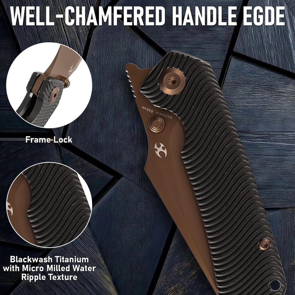 KANSEPT Fenrir Pocket Knife, 3.48' Rose Gold CPM-S35VN Blade with Flipper and Thumb Stud, Frame Lock for Camping Outdoor with Blackwash Titanium Handle and Micro-Milled Water Ripple Texture K1034C3
