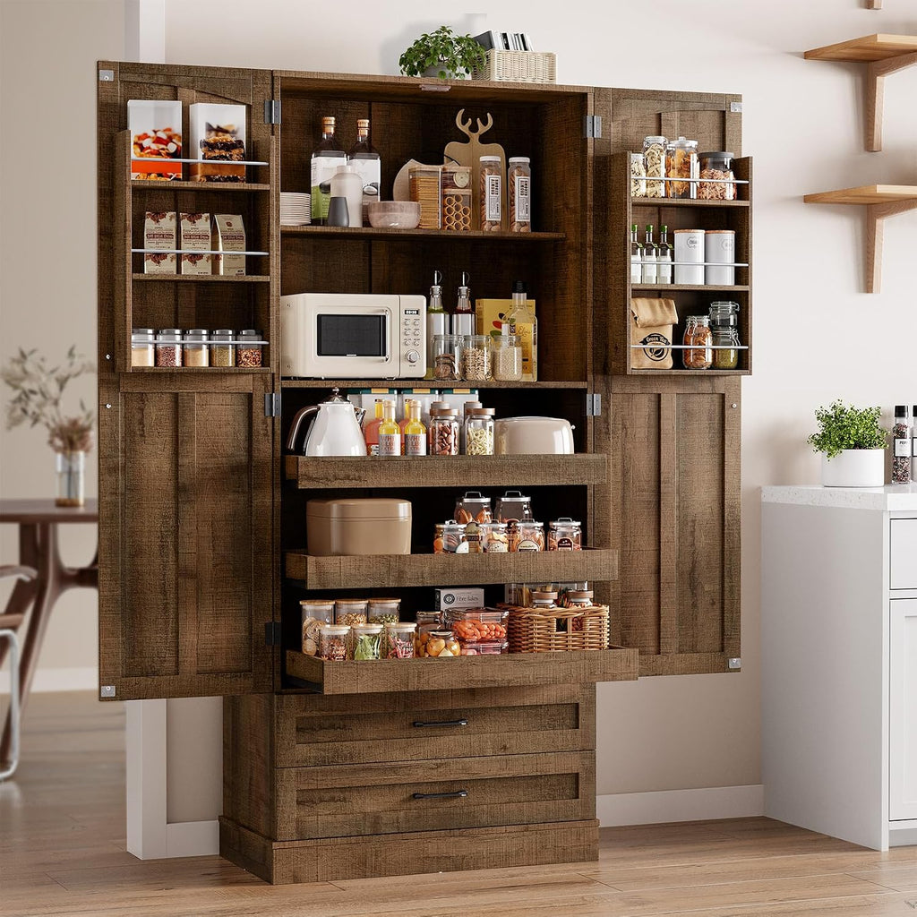 ONBRILL 71' Tall Farmhouse Kitchen Pantry Cabinet with 3 Pull Out Shelves & 2 Large Drawers, Pantry Storage Cabinet with 6 Door Shelf & Adjustable Shelf, Freestanding Cupboard for Kitchen, Dining Room