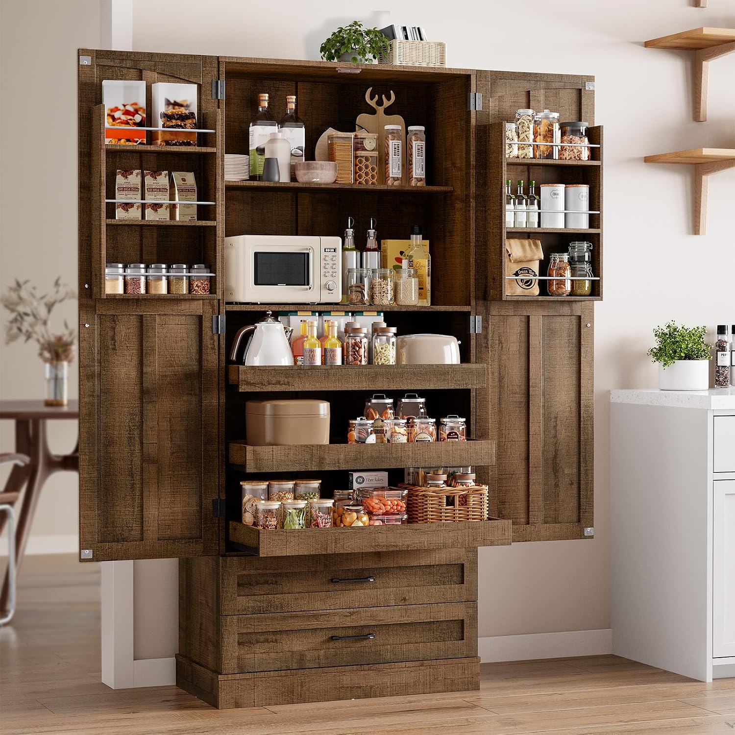 ONBRILL 71' Tall Farmhouse Kitchen Pantry Cabinet with 3 Pull Out Shelves & 2 Large Drawers, Pantry Storage Cabinet with 6 Door Shelf & Adjustable Shelf, Freestanding Cupboard for Kitchen, Dining Room