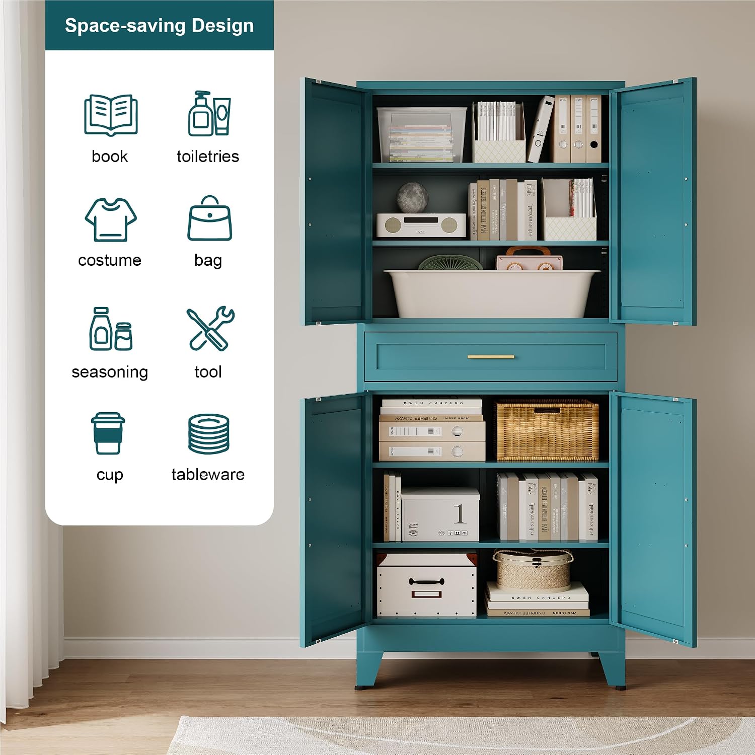 QINPTWUT 71' Farmhouse Pantry Cabinet in Blue, with 4 Doors & Center Drawer, Tall Food Cabinet with Adjustable Shelves, Freestanding Steel Cupboard for Kitchen, Dining Room, Pantry, Garage