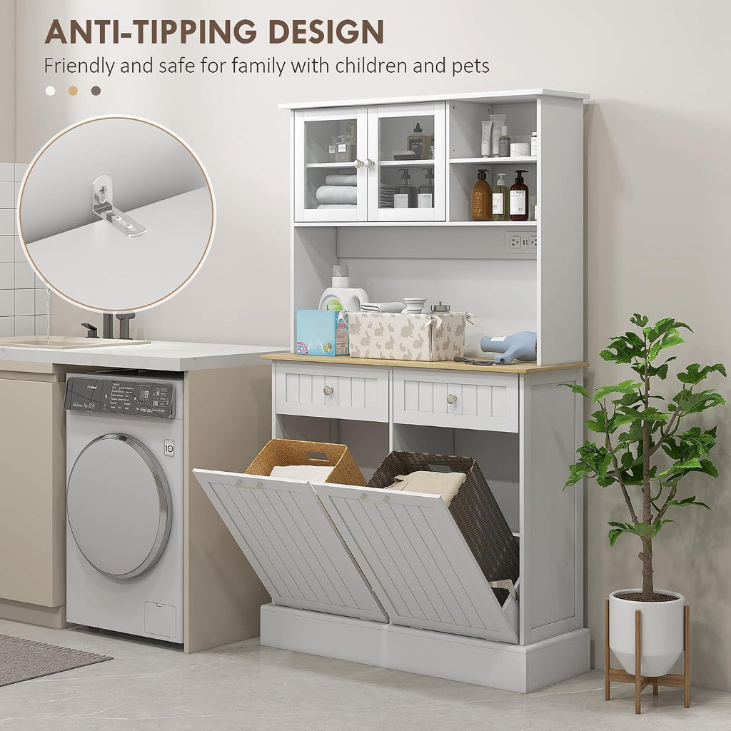 68' Charging Station Freestanding Storage Cabinet, Kitchen Storage Bakers Rack with Tilt-Out Trash Cabinets, Utility Food Cupboard with Adjustable Shelf for Kitchen Living Spaces, White