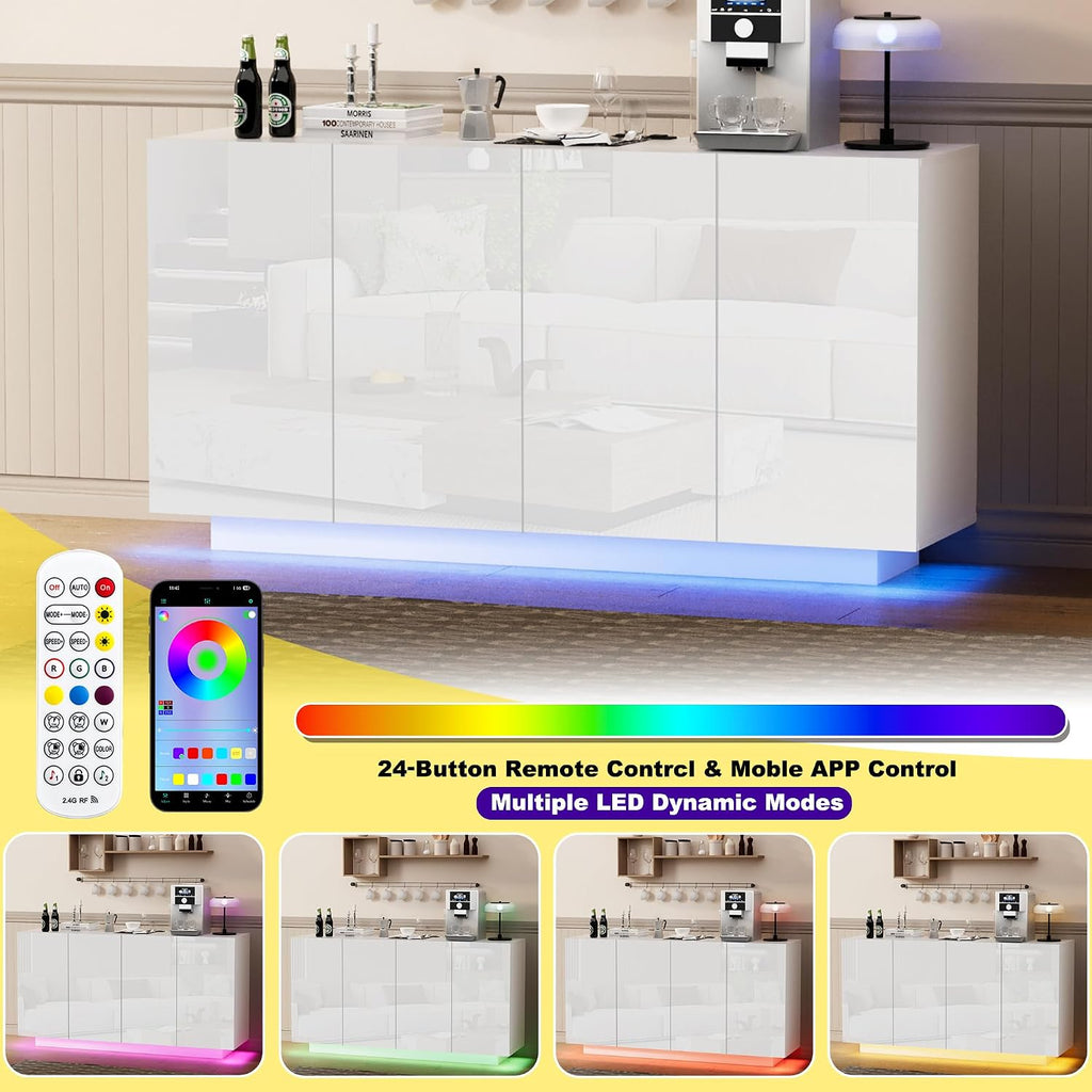 Anbuy White Buffet Cabinet with Lights 57.87'' Sideboard with Storage Coffee Bar with Charging Station Kitchen LED Buffet Cabinet with Doors for Bedroom, Living Room (White)