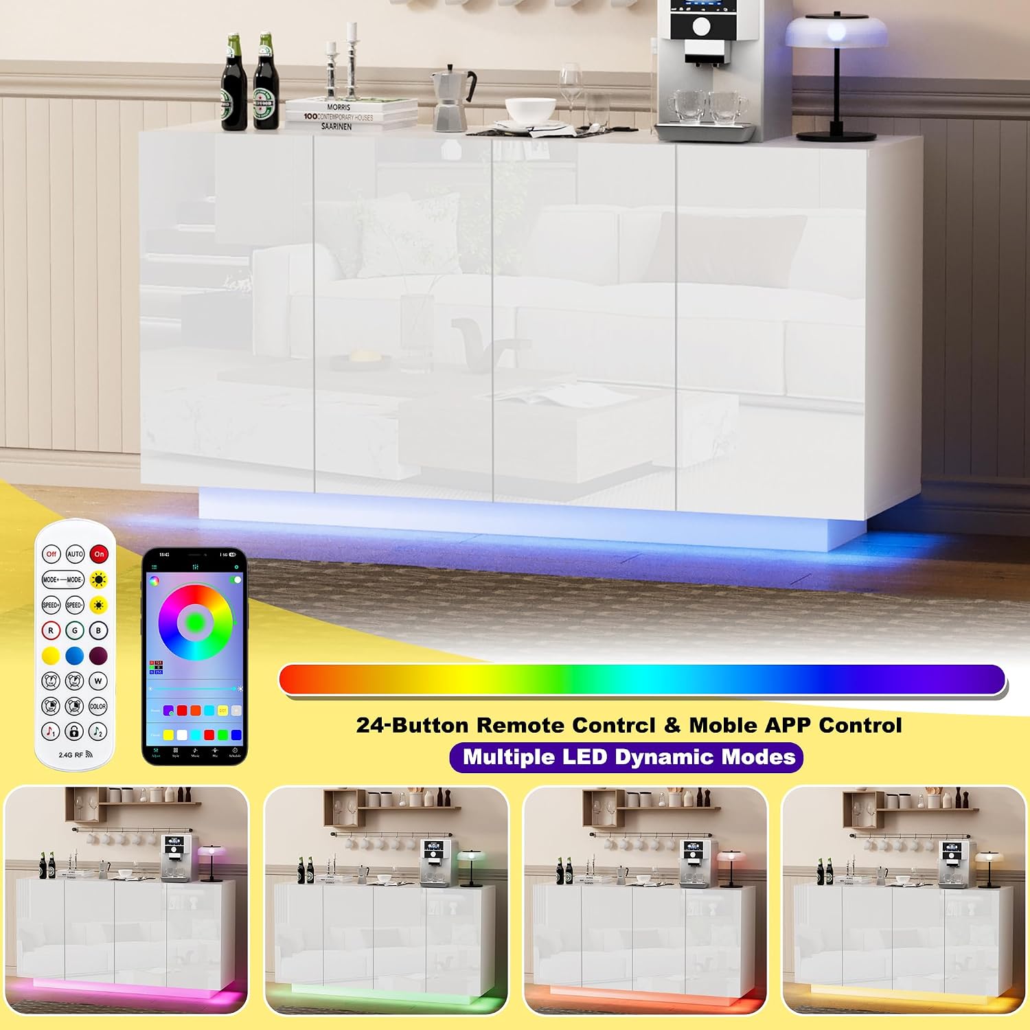 Anbuy White Buffet Cabinet with Lights 57.87'' Sideboard with Storage Coffee Bar with Charging Station Kitchen LED Buffet Cabinet with Doors for Bedroom, Living Room (White)