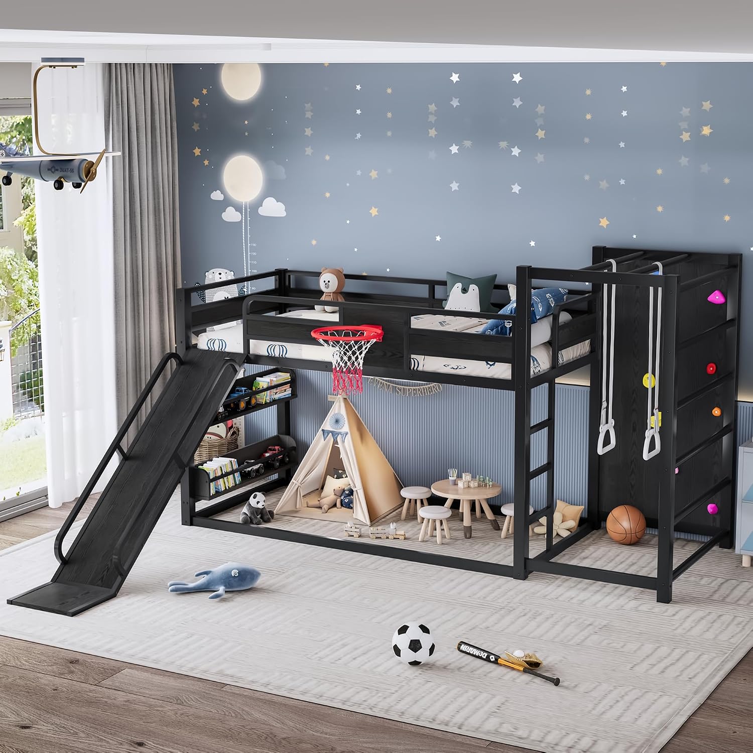 Twin XL Bunk Bed with Slide, Basketball Hoop & Pull-Up Rings, Industrial Style Bunk Bed Frame with Slide, Bookshelf and Climbing Wall, Low Playhouse Loft Bed for Kids, Black
