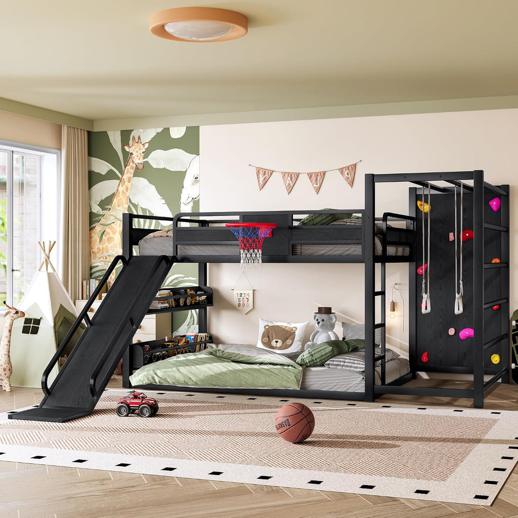 Metal Full Over Full Bunk Bed with Slide and Bookshelf, Modern Heavy Duty Bunk Bed with Basketball Hoop, Pull-Up Rings and Climbing Wall, Low Playhouse Loft Bed for Kids, Black