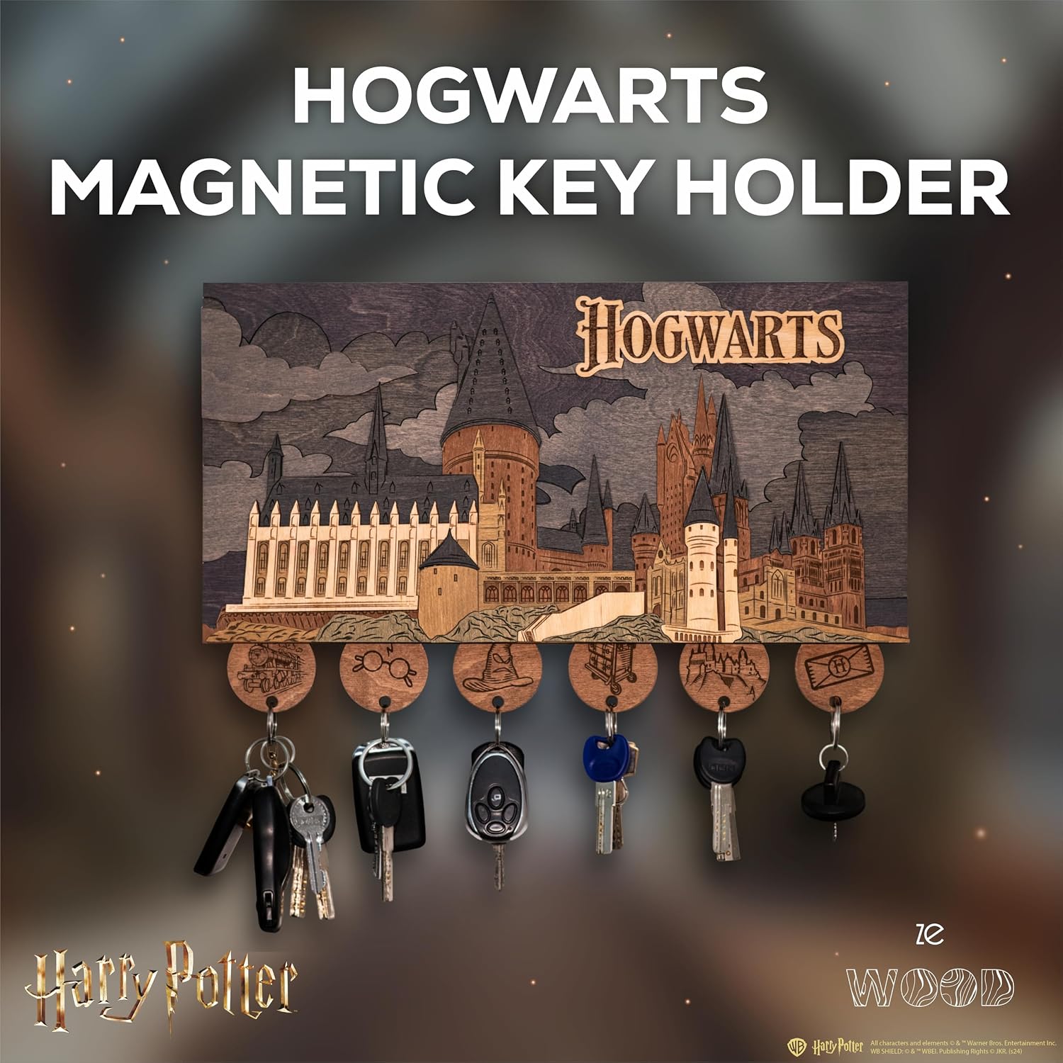 Hogwarts Magnetic Key Holder - Harry Potter 3D Key Holder with Magnetic Keychains - Unique Collectible Wooden Keyholder, Home Decor for Harry Potter Fans (Night Edition, L, 4 Keychains)