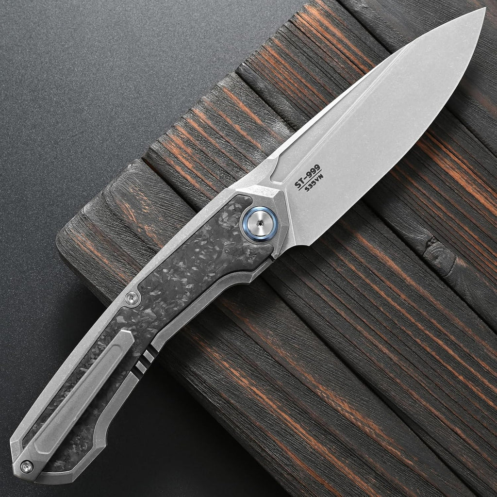 Sitivien ST999 Folding Knife,S35VN Steel Blade with Titanium and Carbon Fiber Handle Frame Lock, EDC Knife with pocket clip for Outdoor Camping Survival Hiking (Gray)