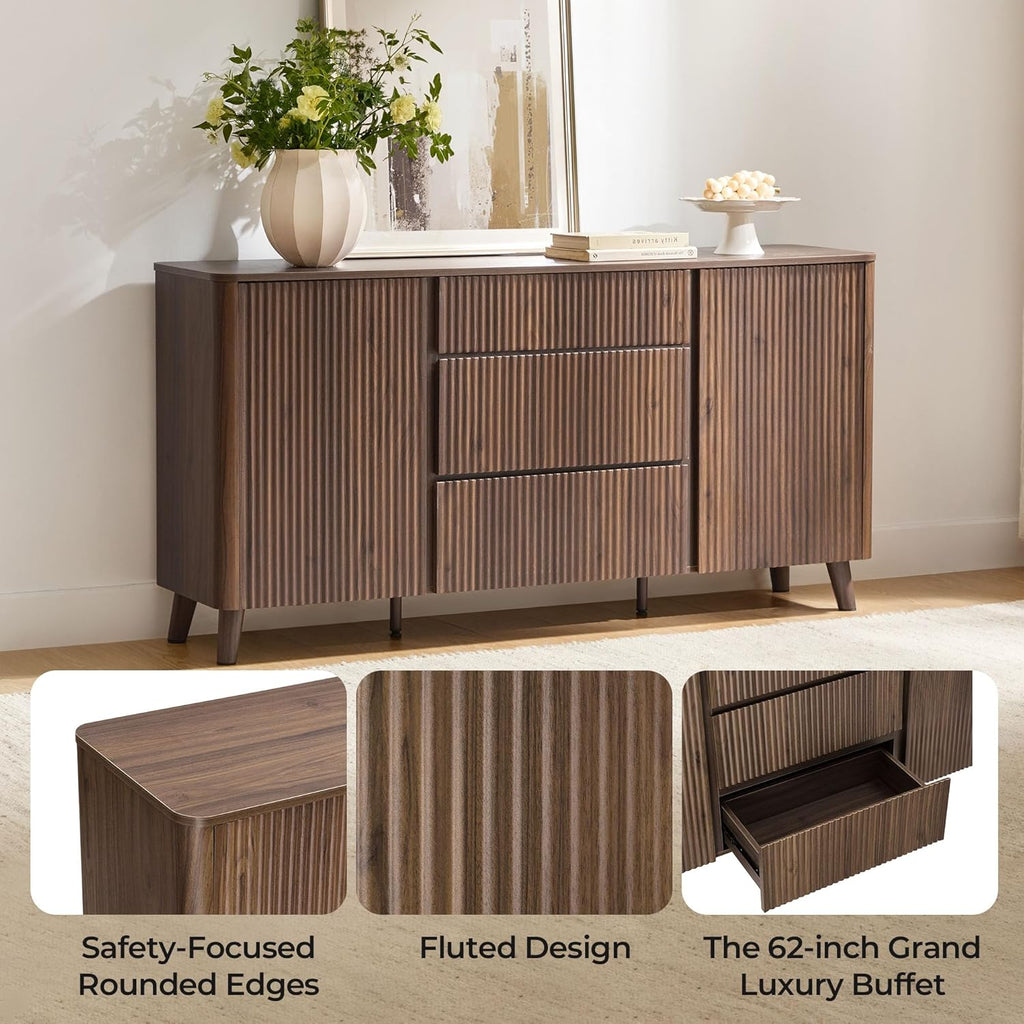 CHITA 62' Sideboard Buffet Cabinet with Storage, Living Room Accent Cabinet with Drawers, Doors and Adjustable Shelves, for Bar, Kitchen, Walnut