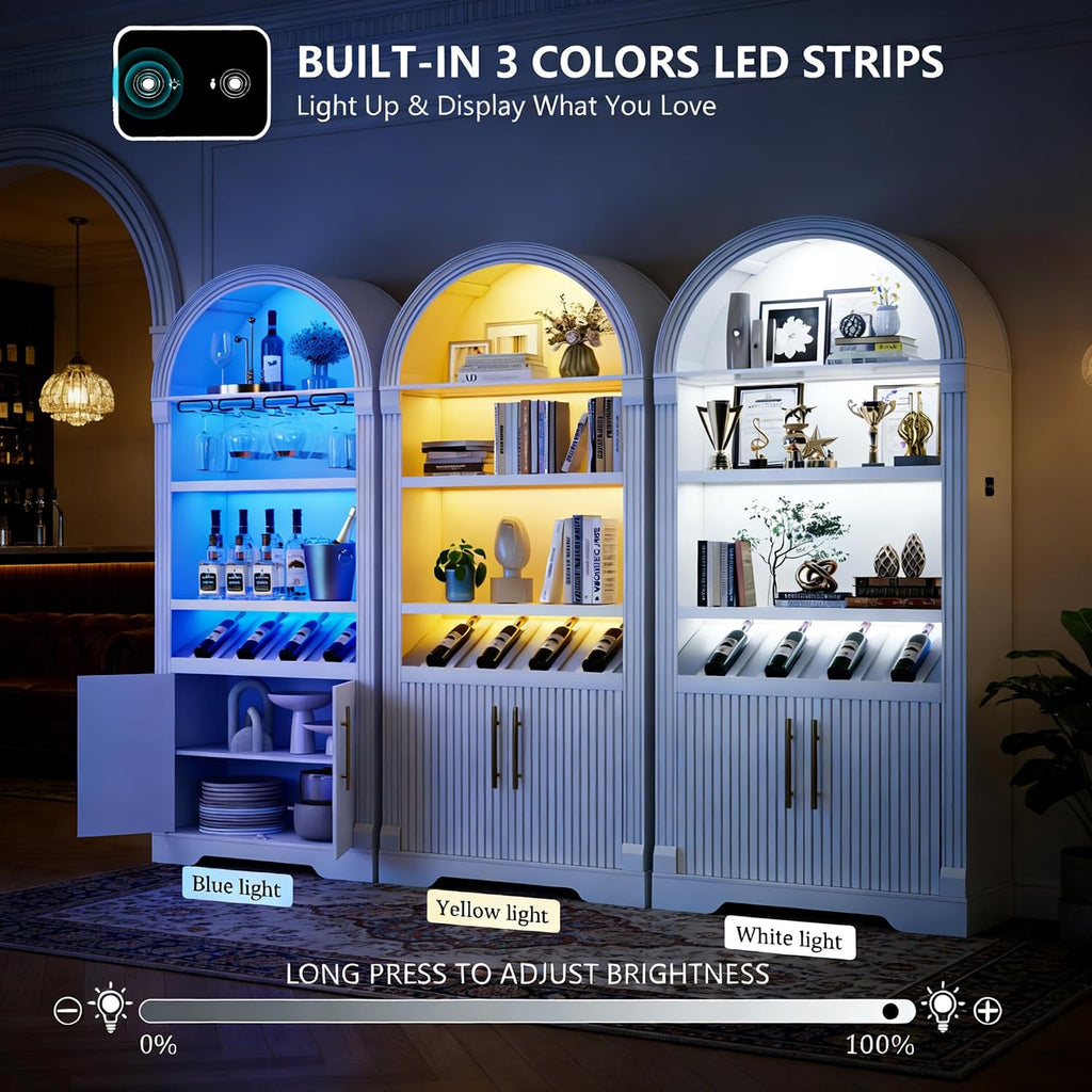 Vlsrka Arched Cabinet, Kitchen Pantry Cabinets with Open & Adjustable Shelves, Induction 3 Color Lights (White A)