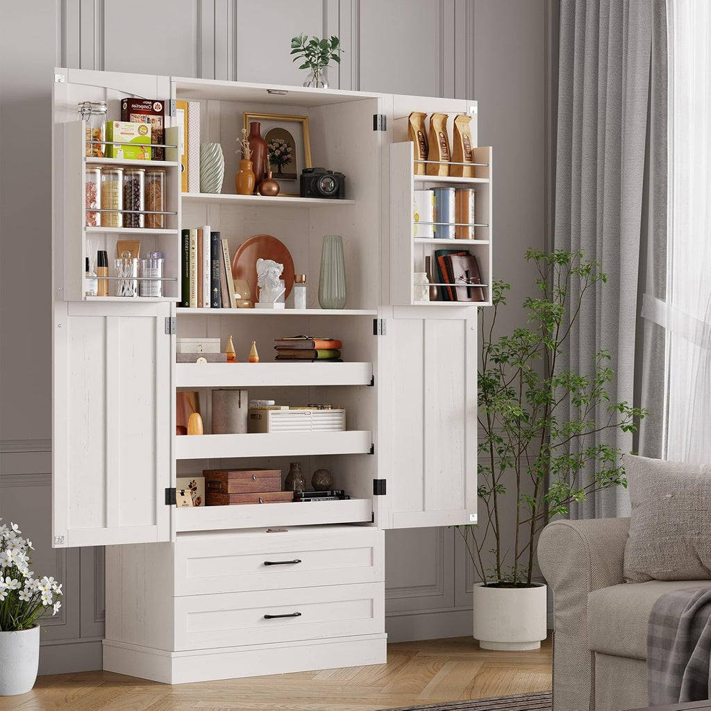 ONBRILL 71' Tall Farmhouse Kitchen Pantry Cabinet with 3 Pull Out Shelves & 2 Large Drawers, Pantry Storage Cabinet with 6 Door Shelf & Adjustable Shelf, Freestanding Cupboard for Kitchen, Dining Room