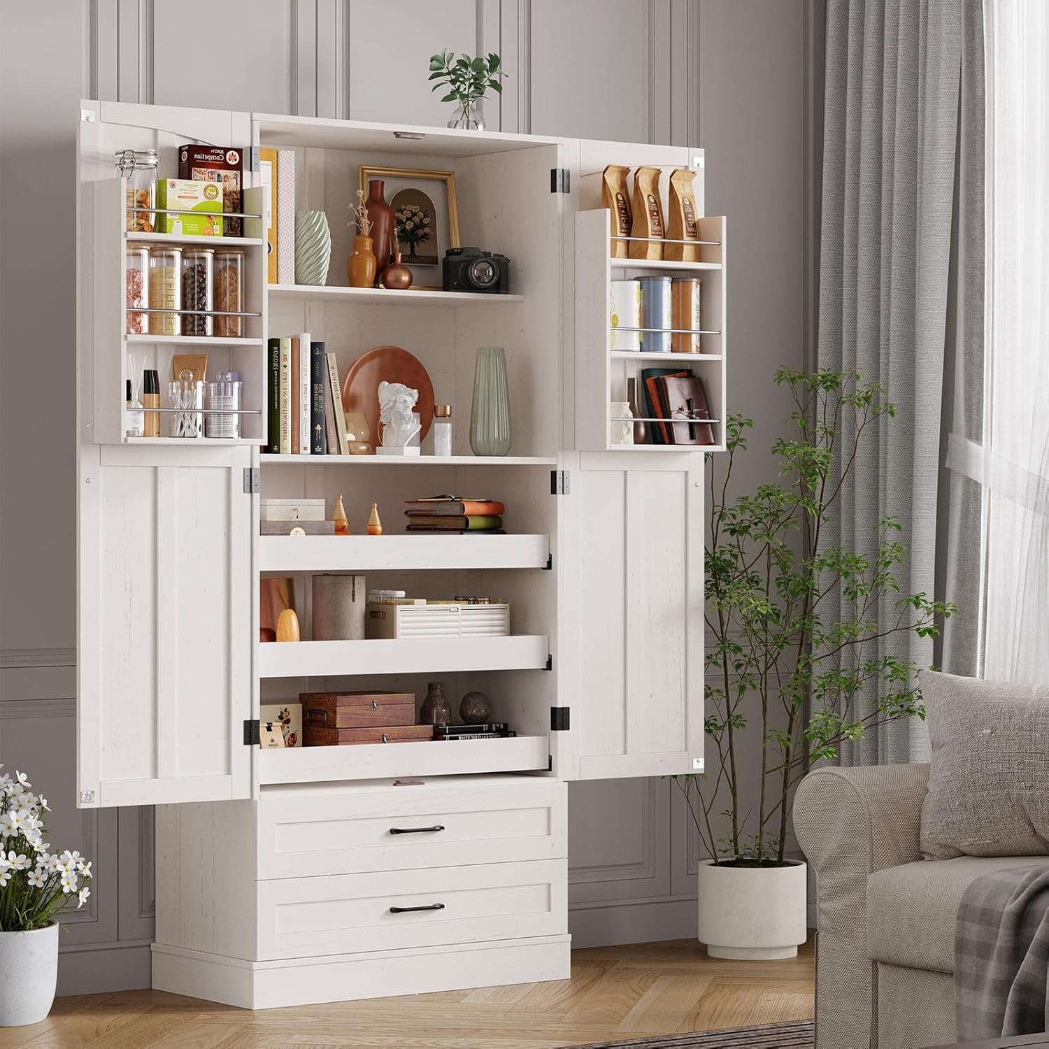 ONBRILL 71' Tall Farmhouse Kitchen Pantry Cabinet with 3 Pull Out Shelves & 2 Large Drawers, Pantry Storage Cabinet with 6 Door Shelf & Adjustable Shelf, Freestanding Cupboard for Kitchen, Dining Room