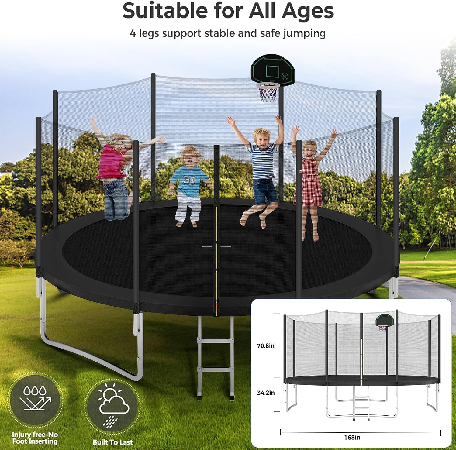 Lyromix Upgraded Trampoline with Lights, Large Outdoor Trampoline with Sprinkler,Basketball Hoop and Net, Capacity for 5-8 Kids and Adults