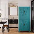 QINPTWUT 71' Farmhouse Pantry Cabinet in Blue, with 4 Doors & Center Drawer, Tall Food Cabinet with Adjustable Shelves, Freestanding Steel Cupboard for Kitchen, Dining Room, Pantry, Garage