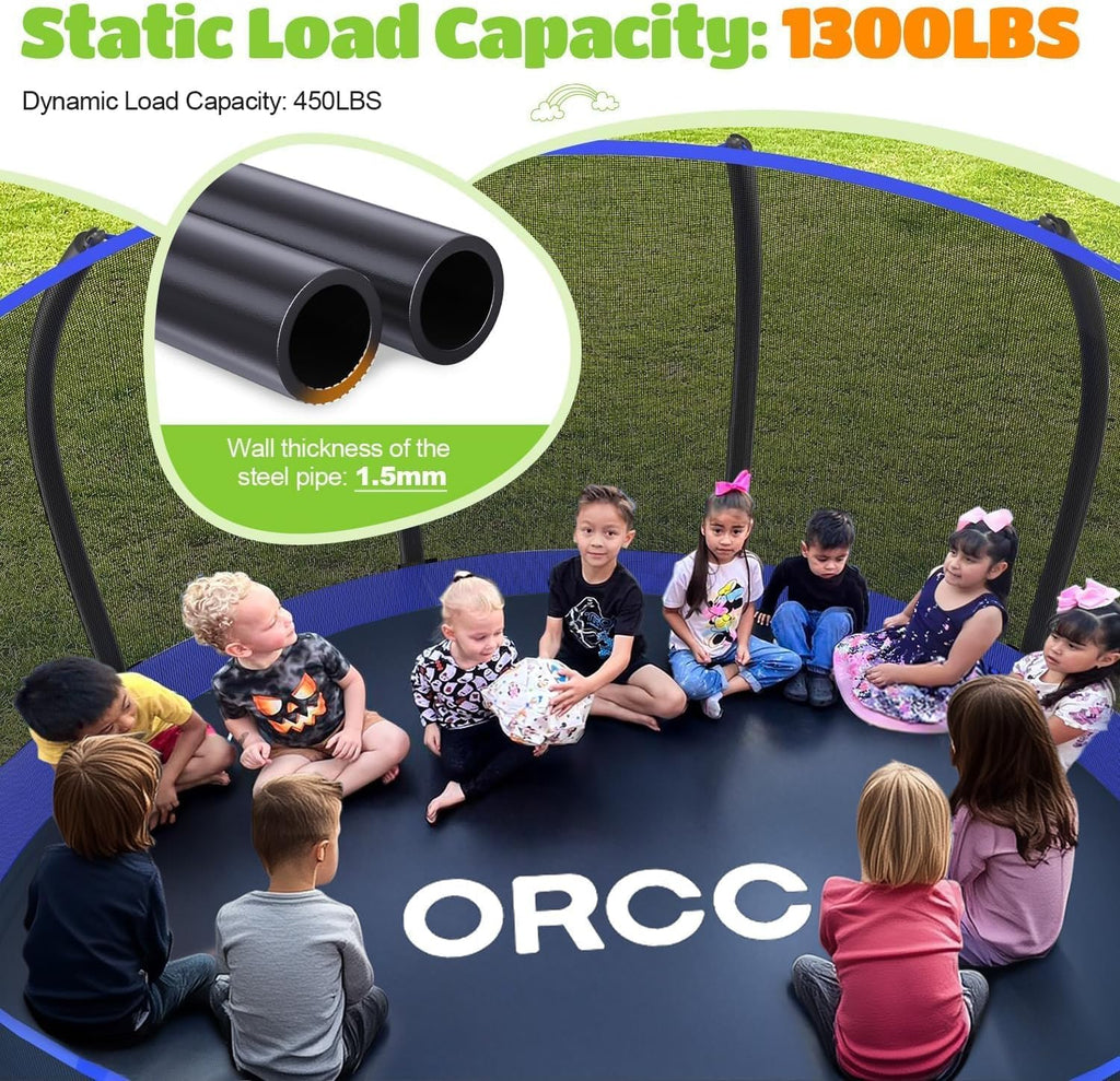 ORCC 16 15 14 12 10 8FT Kids Trampoline, 1300LBS Weight Capacity Trampoline with Basketball Hoop Water Sprinkler Spiral Ground Stakes Outdoor Yard Trampolines for Kids Adults