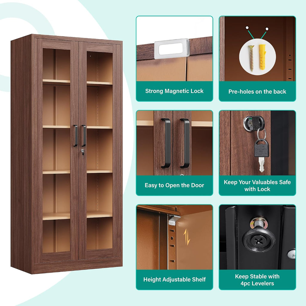 Metal Storage Cabinet with Lock and Glass Doors,Glass Display Cabinet,Tall Storage Cabinets,Locking Curio Cabinets with 5 Shelves for Collectibles,Home,Office,Living Room