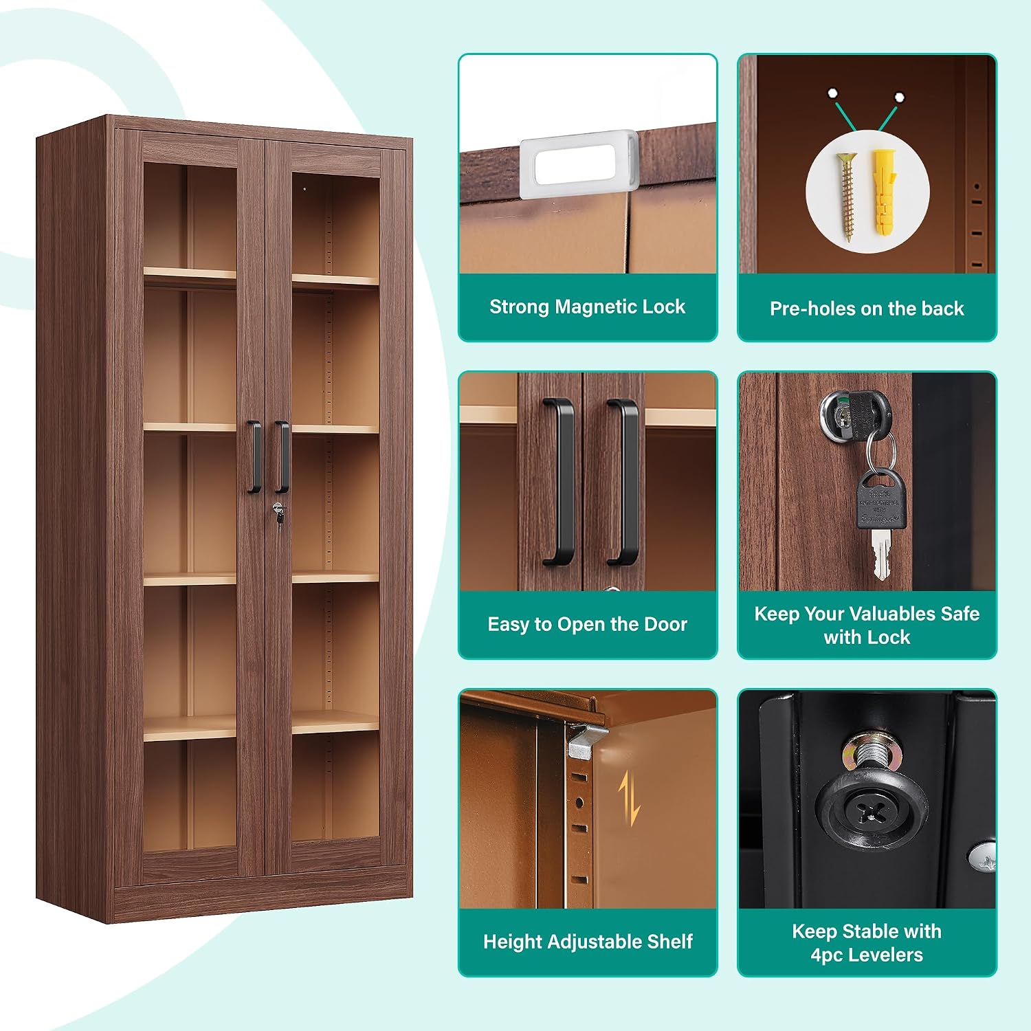 Metal Storage Cabinet with Lock and Glass Doors,Glass Display Cabinet,Tall Storage Cabinets,Locking Curio Cabinets with 5 Shelves for Collectibles,Home,Office,Living Room