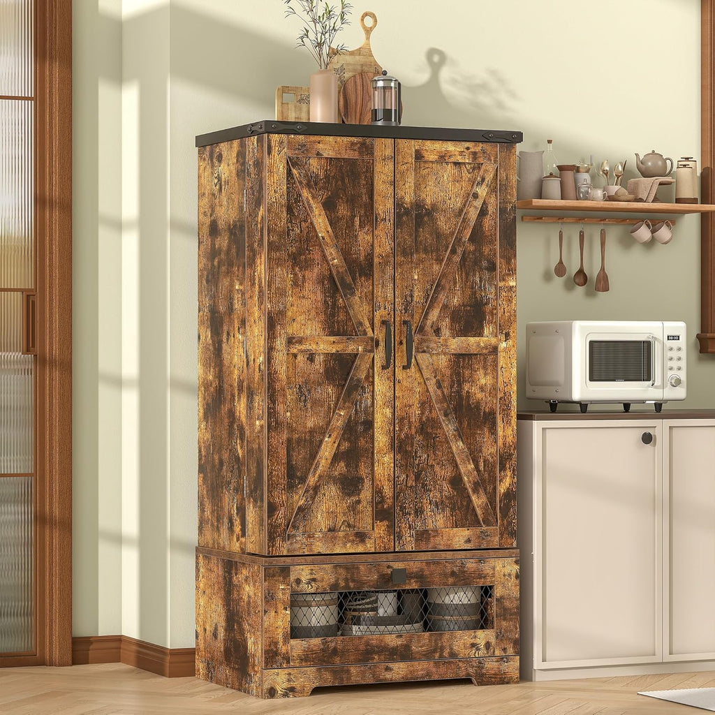 kepptory Farmhouse Pantry Cabinet with Barn Door & Adjustable Shelves, Freestanding Kitchen Storage Cabinet for Dining Room, Bathroom, Hallway (Brown)