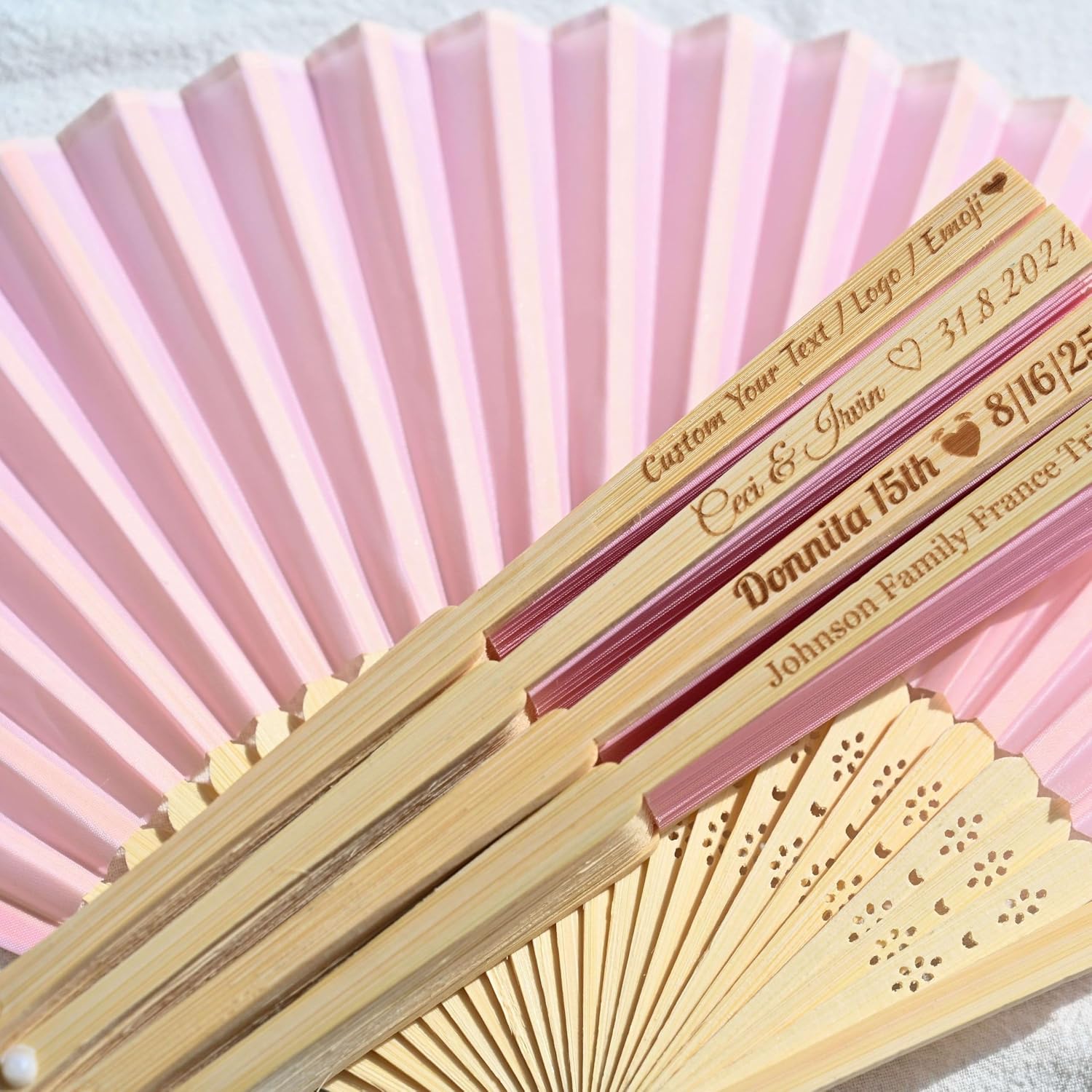 Custom Pink Silk Wedding Fans for Guests -128pcs Personalized Engraved Summer Wedding Fans,Bachelor Party Favor Bridal Shower Gift (Pink)