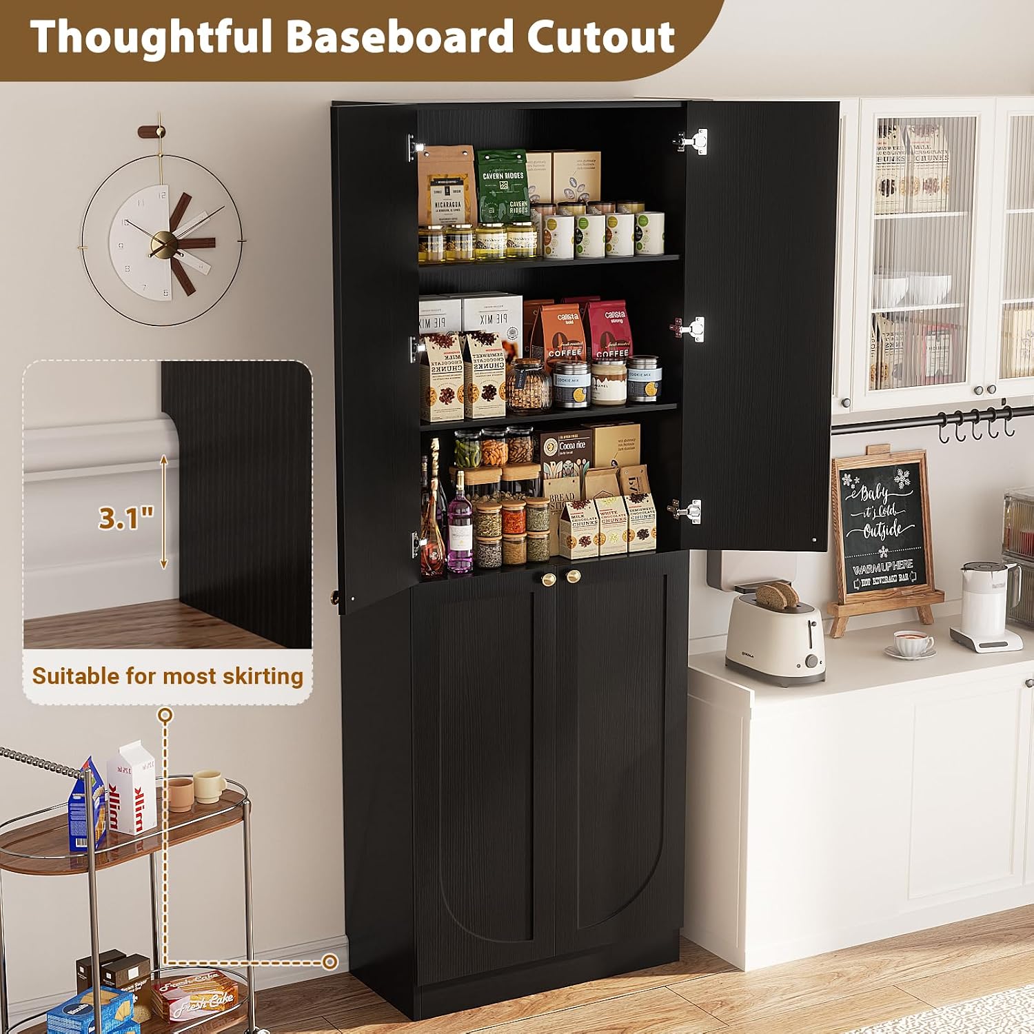 Cyclysio 80' Kitchen Pantry, Extra Tall Arch Storage Cabinet with 8 Soft Close Doors and Adjustable Shelves, Freestanding Wood Cupboard with Seamless Fit Wall for Dining Living Room Bathroom Furniture
