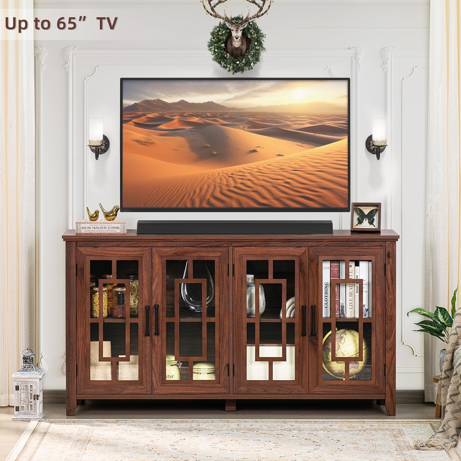 Joaxswe Large Sideboard Buffet Cabinet with Storage, 63' Farmhouse Brown Kitchen Coffee Wine Bar Cabinet with 4 Glass Doors, Wood Mid Century Modern Side Board Table for Dining Room, Living Room