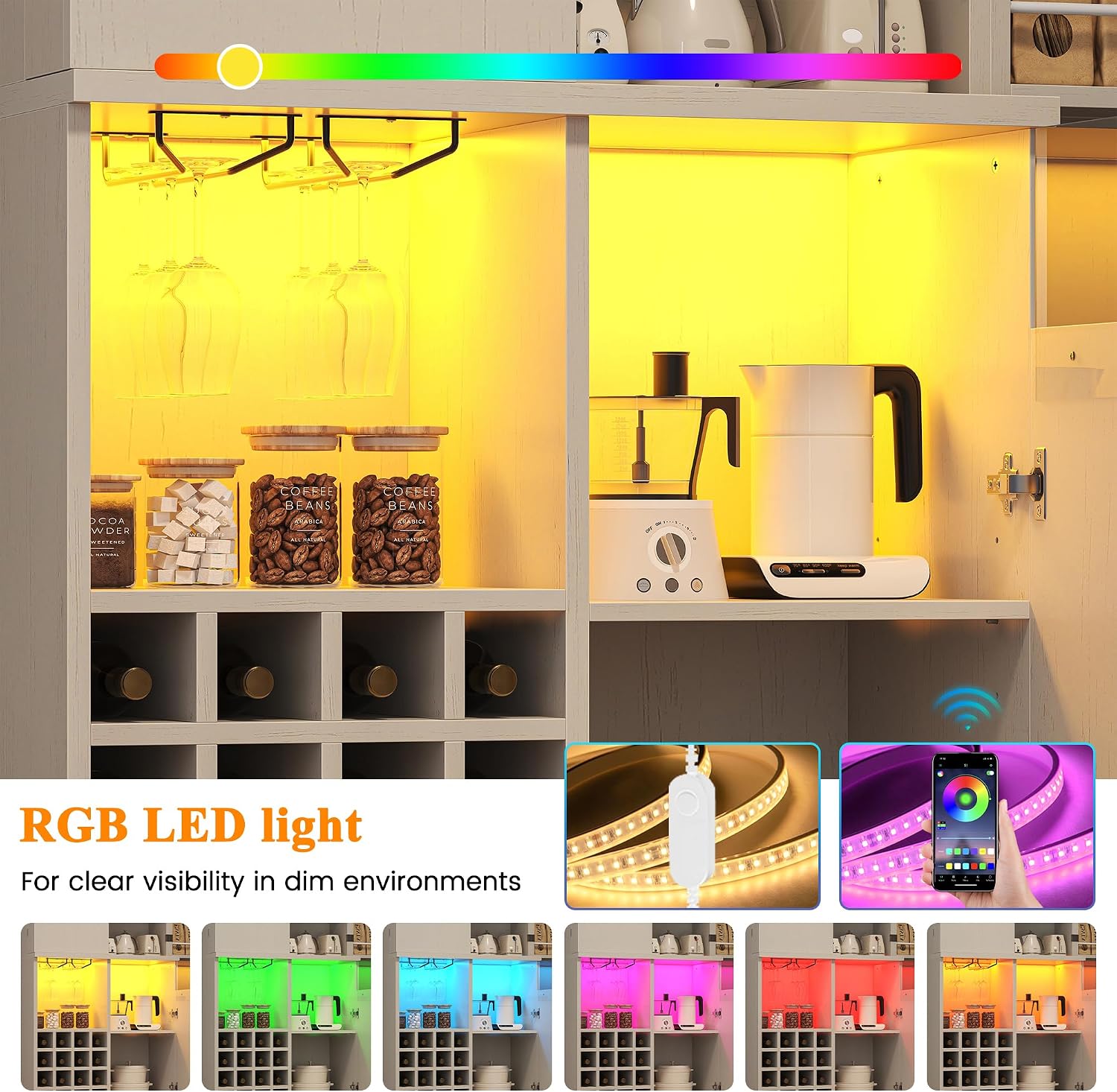 kepptory 72' Tall Kitchen Pantry Storage Cabinet, Freestanding Bar Cabinet with RGB LED Light, White Kitchen Buffet Sideboard with Doors for Dining Room Living Room
