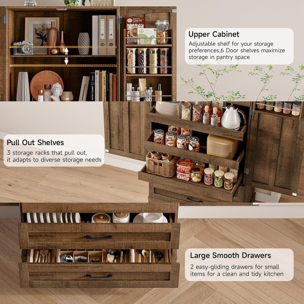 ONBRILL 71' Tall Farmhouse Kitchen Pantry Cabinet with 3 Pull Out Shelves & 2 Large Drawers, Pantry Storage Cabinet with 6 Door Shelf & Adjustable Shelf, Freestanding Cupboard for Kitchen, Dining Room