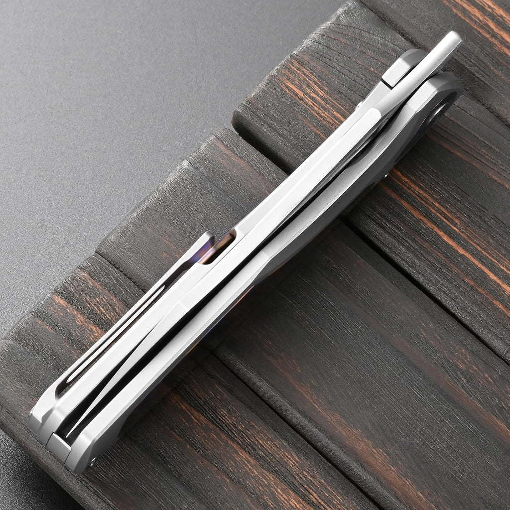 Sitivien ST997 Folding Knife,Handmade M390 Pearlescent Brushed Steel Blade,Titanium Carbon Fiber Handle EDC Knife for Outdoor Camping Hiking Survival Travel (Timascus)