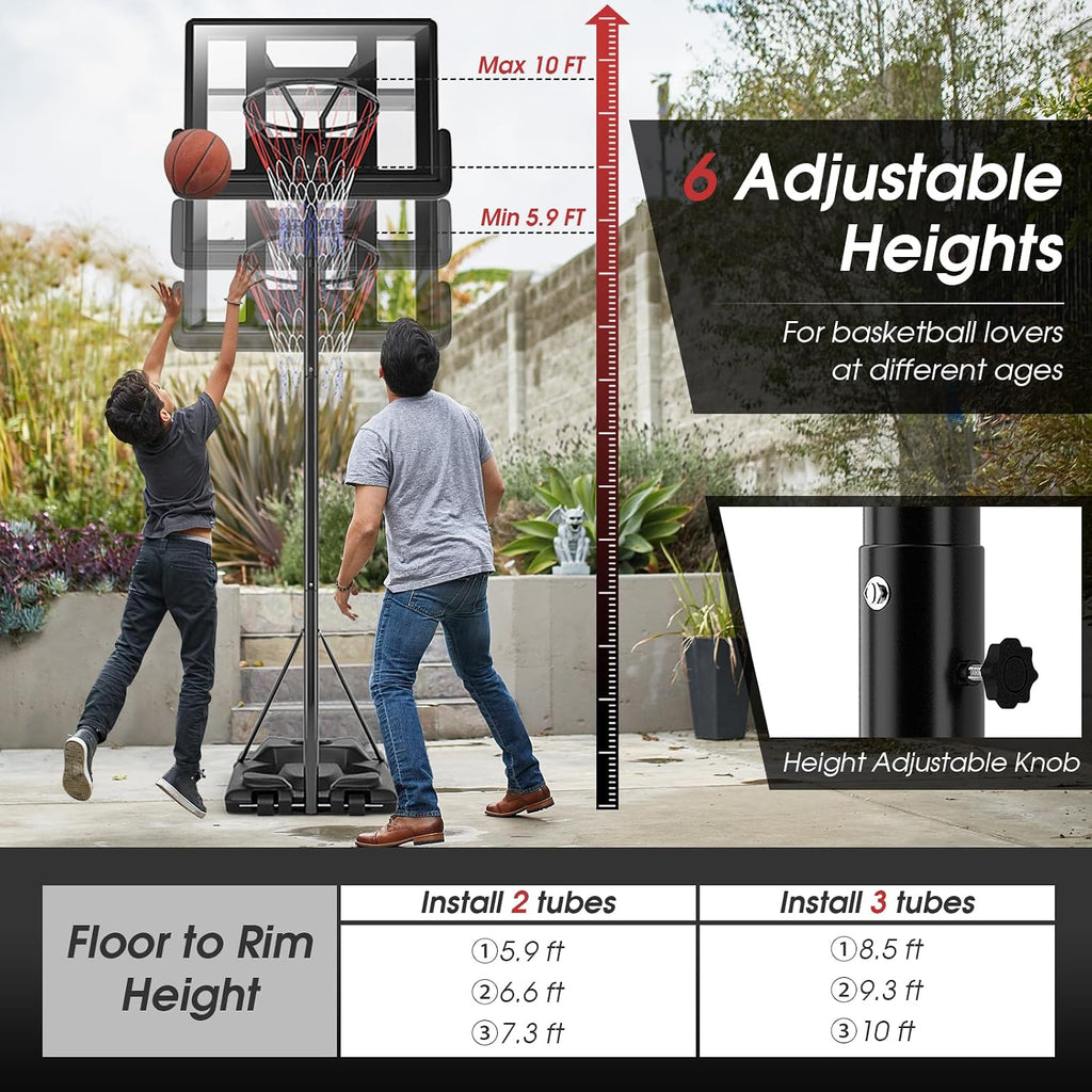 GYMAX Basketball Hoop, 5.9-10 FT Adjustable Basketball Goal with Shatterproof Backboard & 2 Nets, Portable Basketball Hoop for Indoor/Outdoor Kids Teens Adults