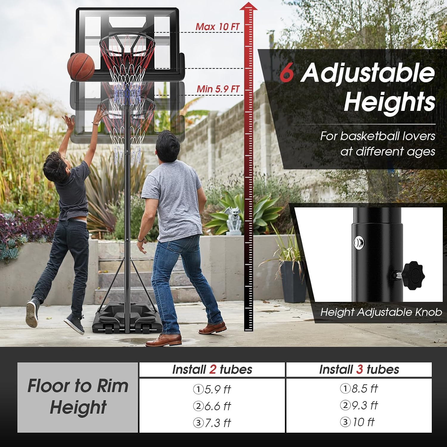 GYMAX Basketball Hoop, 5.9-10 FT Adjustable Basketball Goal with Shatterproof Backboard & 2 Nets, Portable Basketball Hoop for Indoor/Outdoor Kids Teens Adults