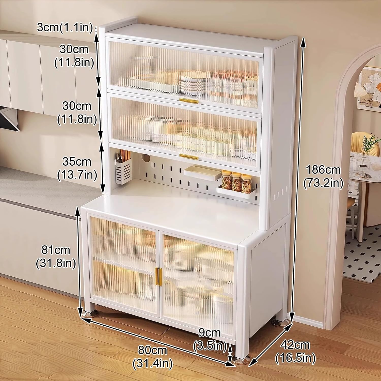 Large Bakers Rack with Hutch, Kitchen Hutch Cabinet Microwave Stand, Expanded Space, Large Storage Capacity(White,80cm)